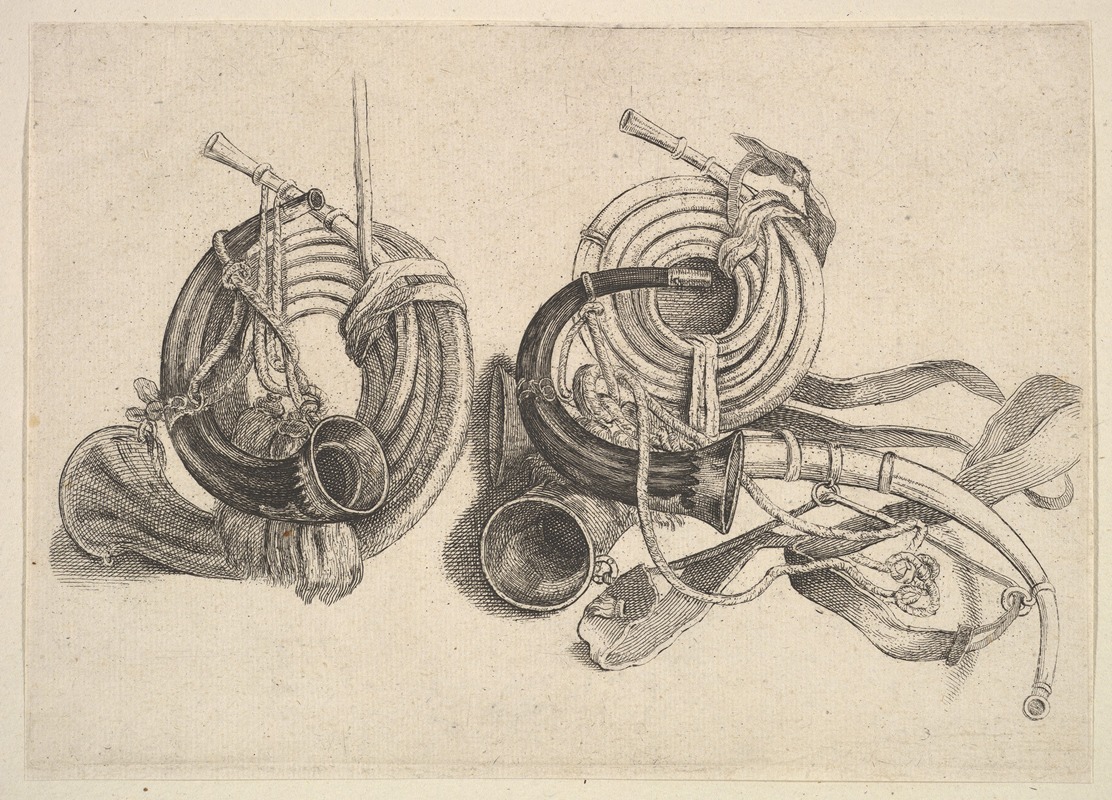 A detailed etching of five hunting horns by Wenceslaus Hollar.