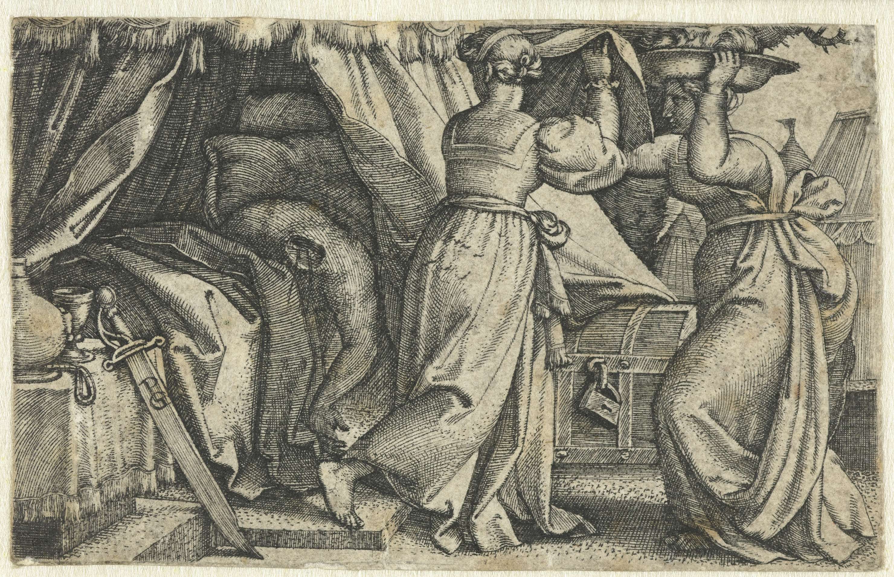 Engraving by Georg Pencz depicting Judith and Holofernes in a dramatic scene