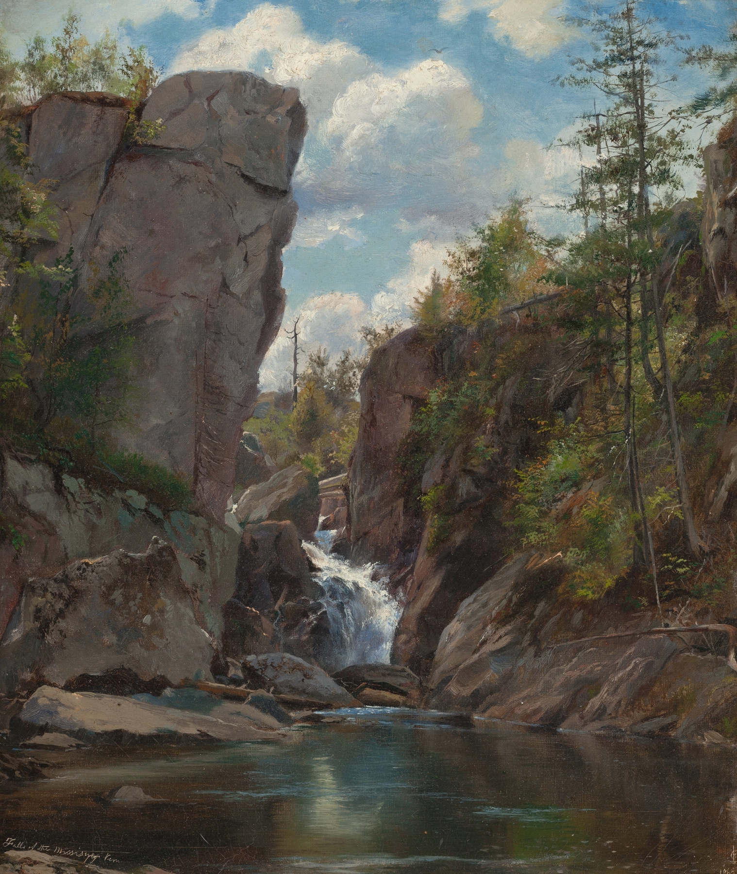 Waterfall scene in oil on canvas by American School