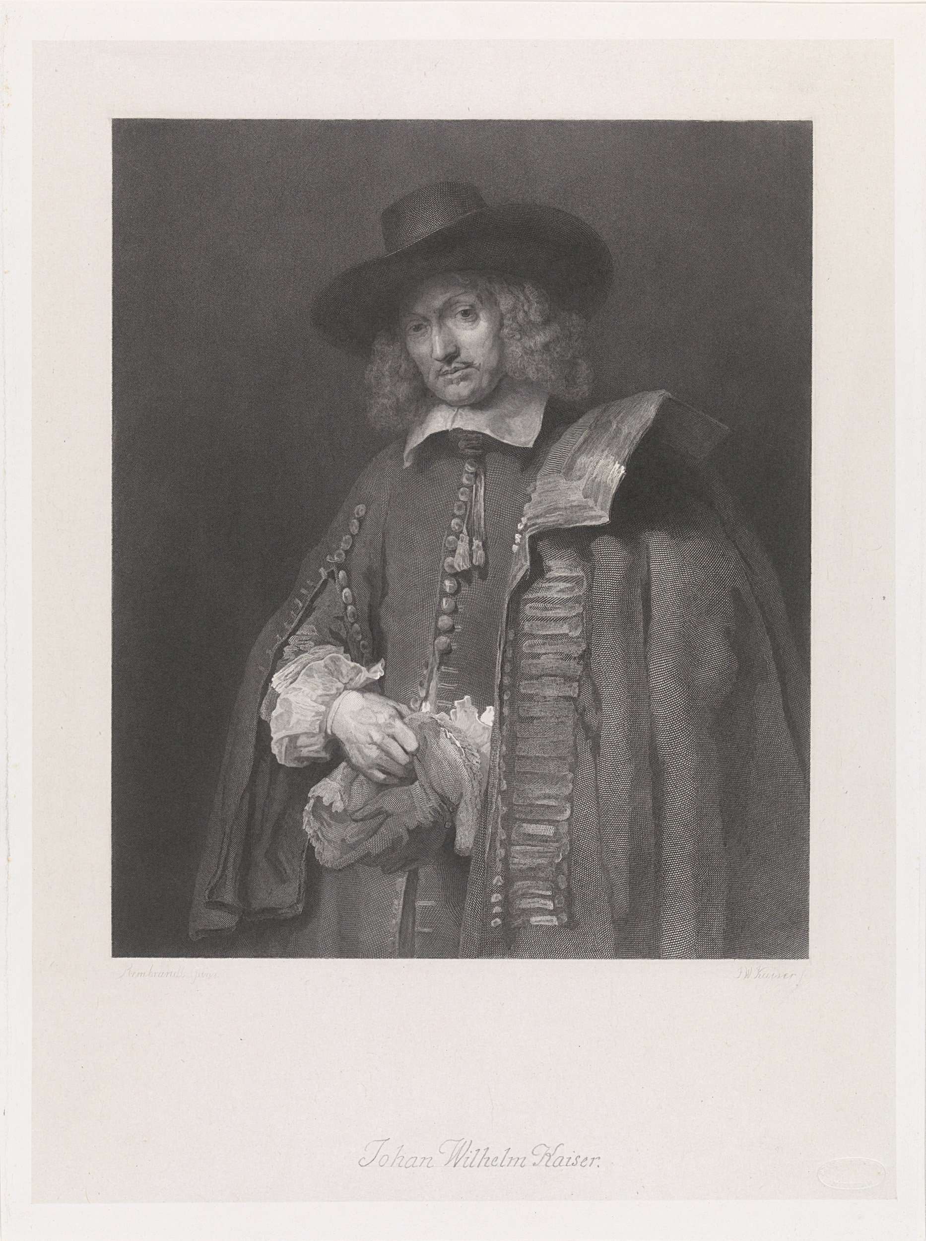 Portrait of Jan Six, etching by Johann Wilhelm Kaiser, showcasing intense gaze and interplay of light.