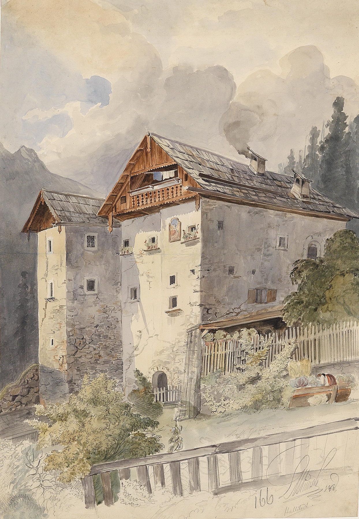 Alte Häuser in Hallstadt by Leopold Munsch, oil on canvas depicting a village at sunset