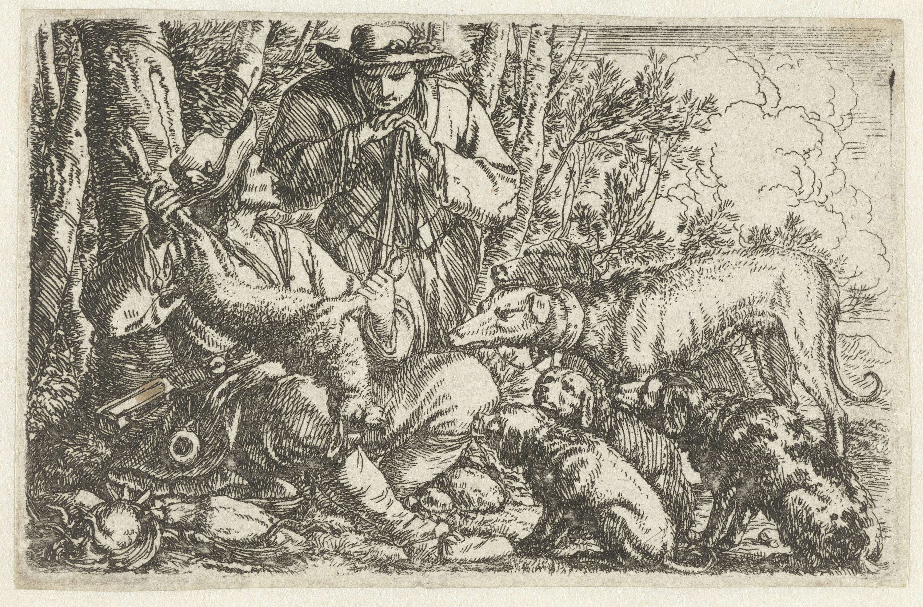 Two hunters resting with dogs in a landscape, etching by Jonas Umbach