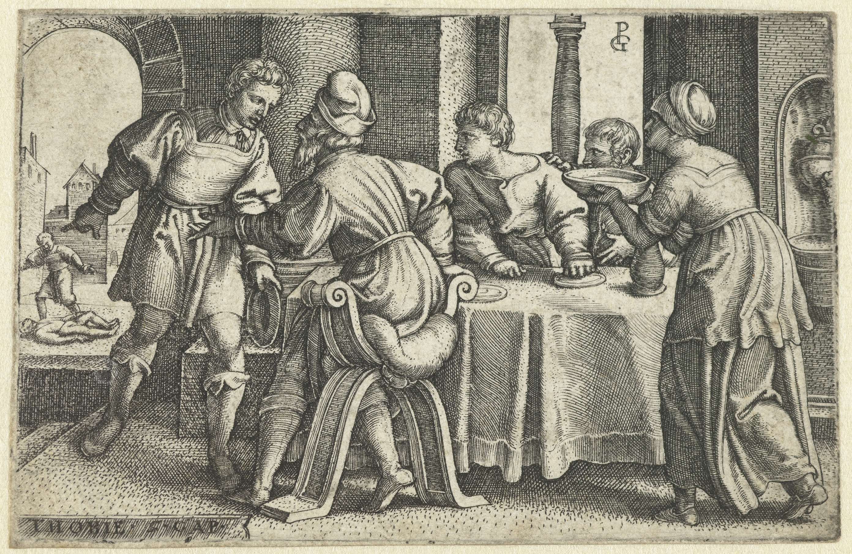 Engraving by Georg Pencz showing Tobit leaving a feast after hearing about a murdered man.