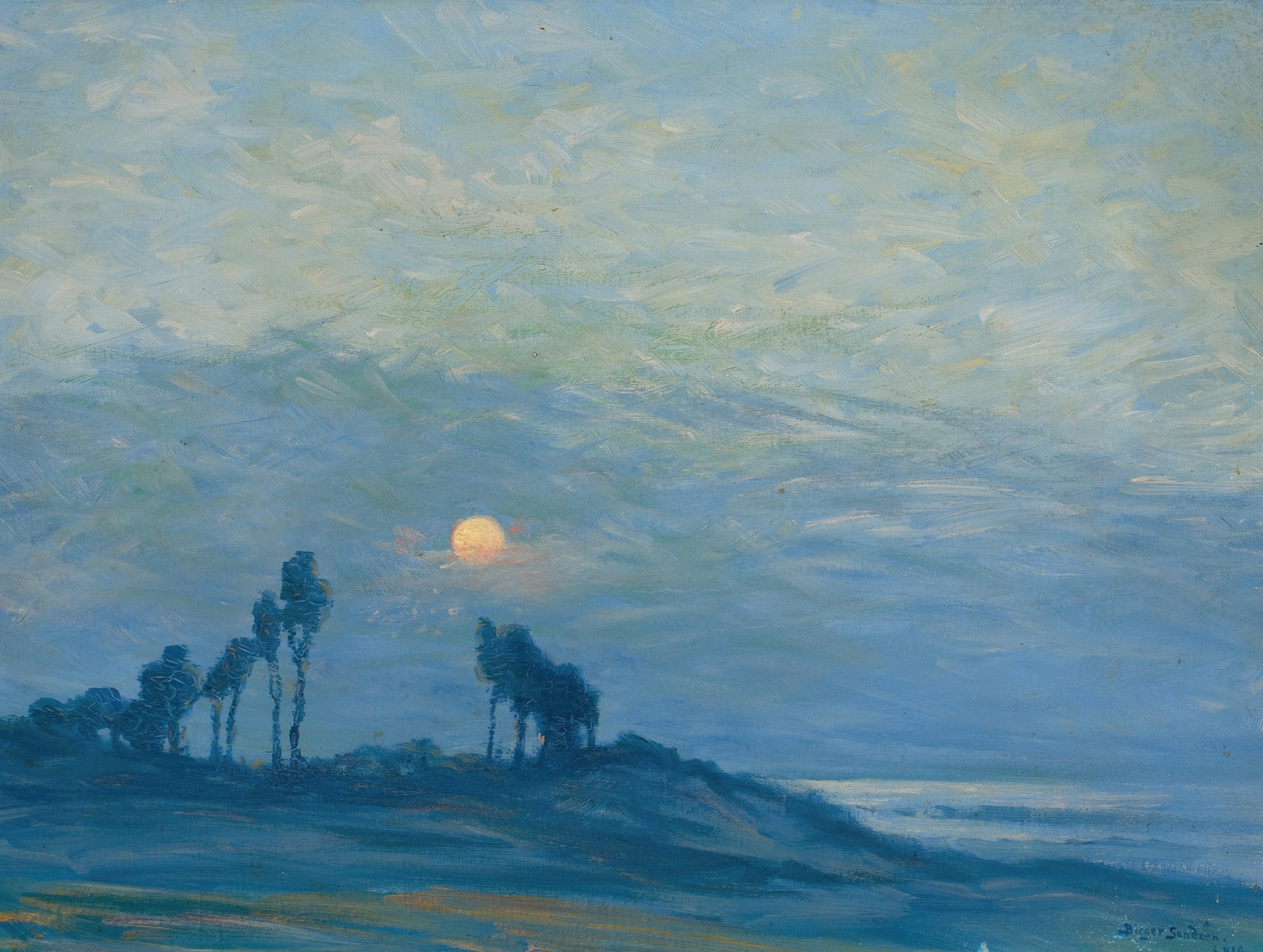 Sunset Over the Trees by Birger Sandzén, oil painting depicting a vibrant sunset landscape.