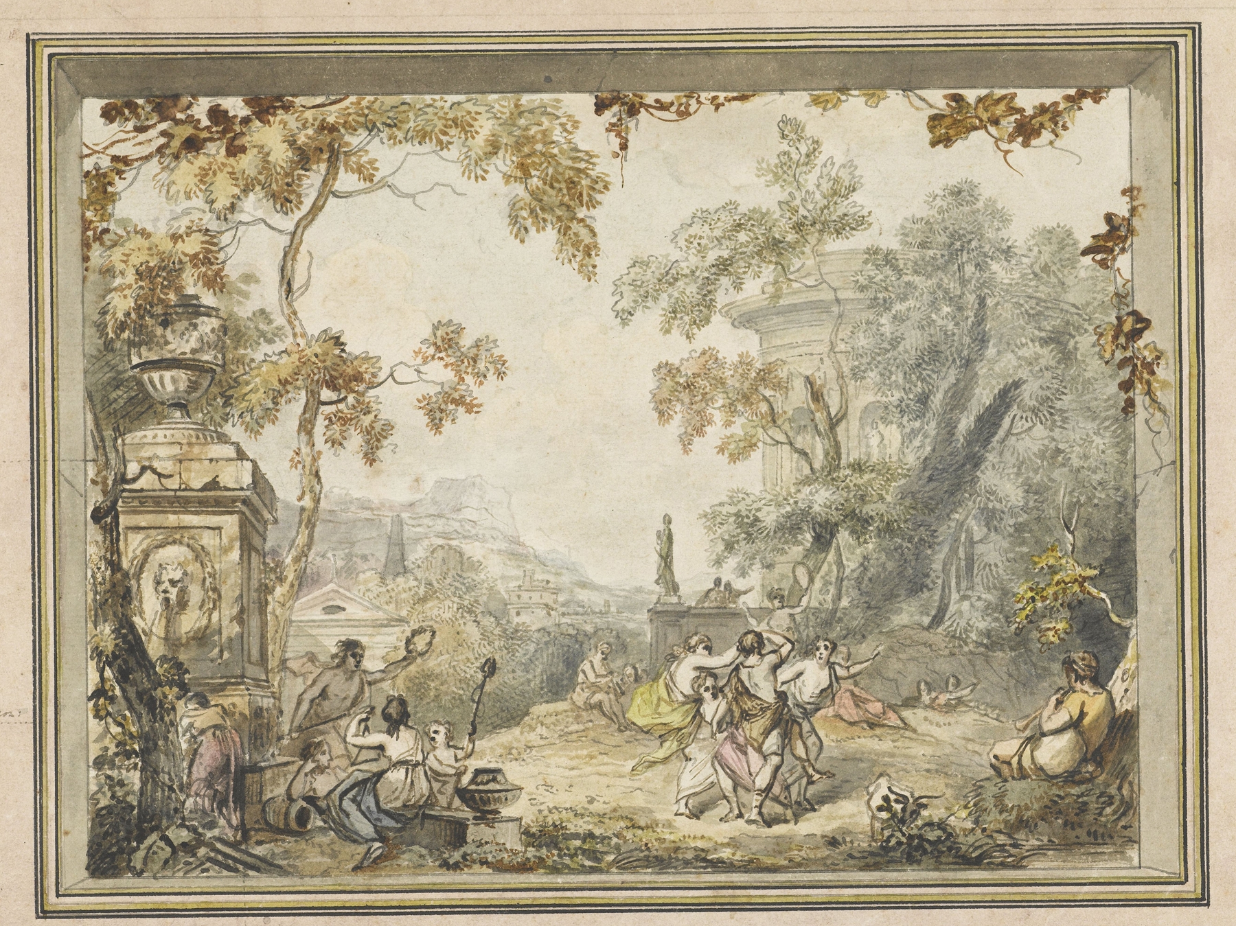 Ontwerp voor een kamerbeschildering; idyllisch-arcadisch landschap met klassieke gebouwen, by Jurriaan Andriessen, public domain