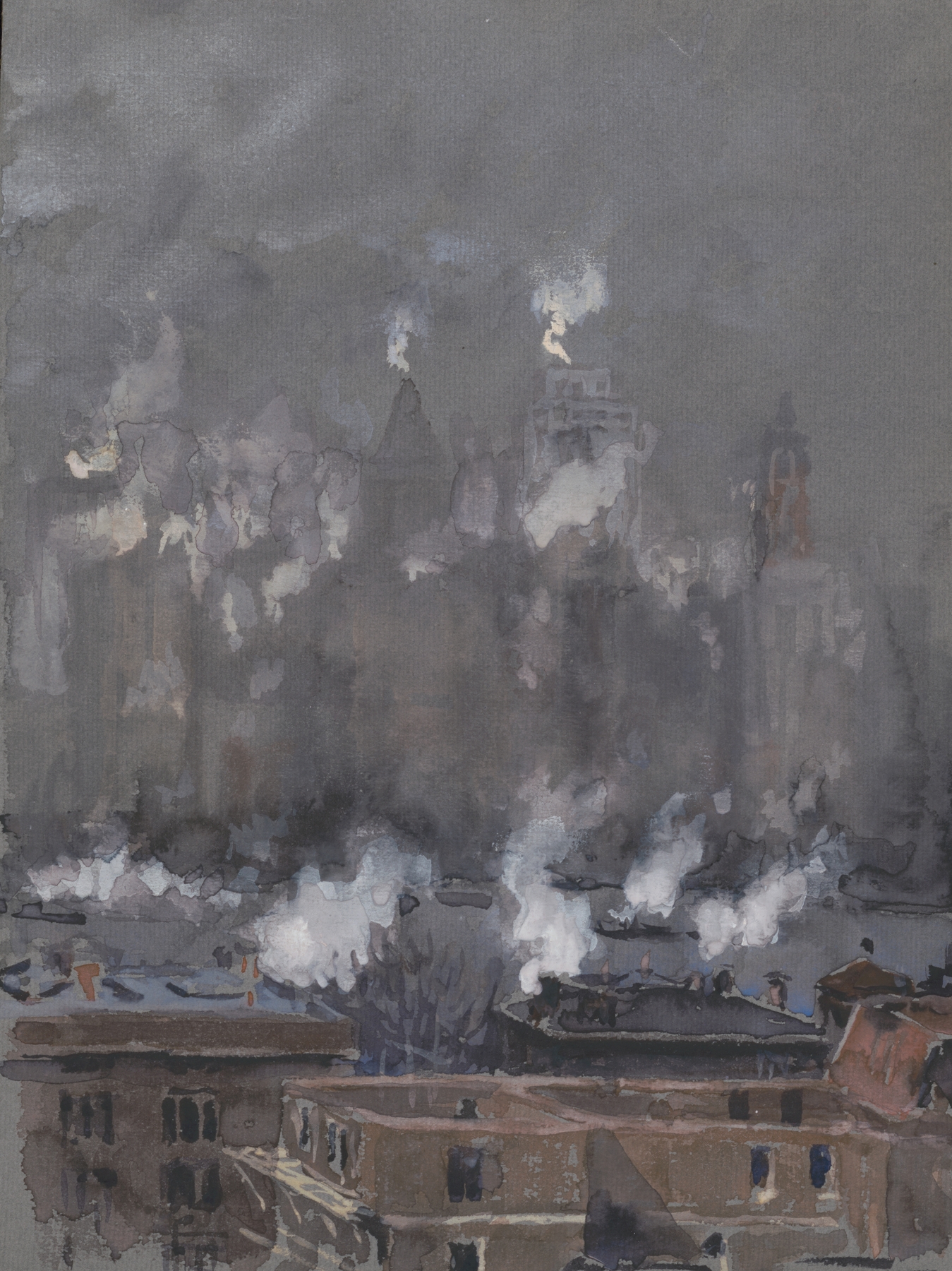 Smoke and fog on gray day, New York City, by Joseph Pennell, public domain