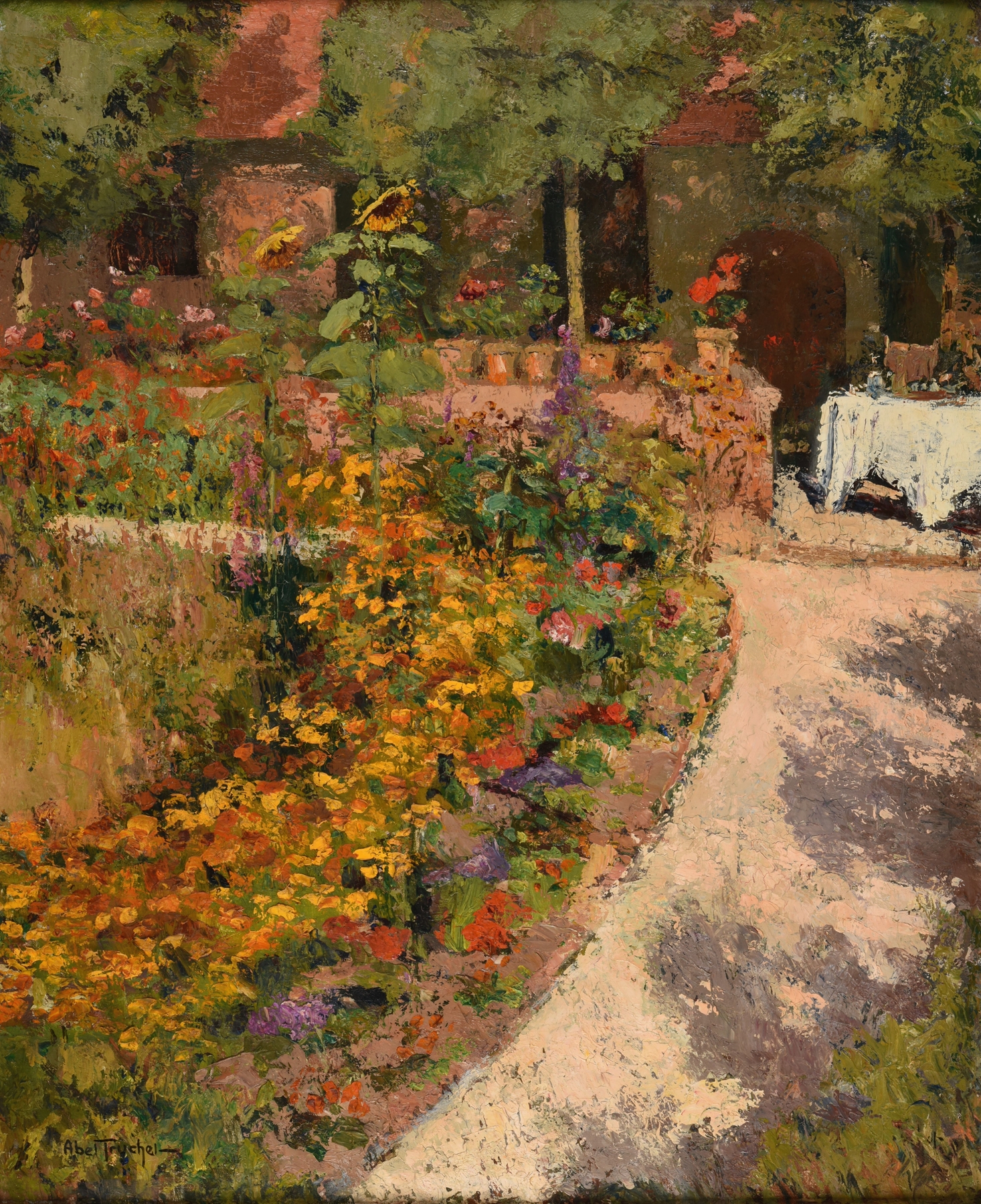Oil painting by Louis Abel-Truchet depicting a vibrant garden with flowers and foliage.