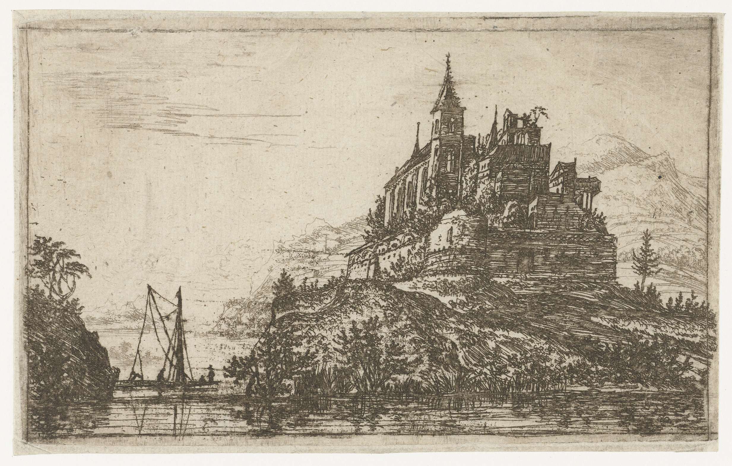 Landschap met een rivier en een kasteel op een heuvel, etching by Jan Ruyscher