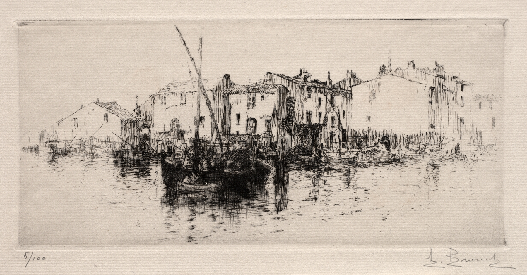 Landscape etching by Auguste Brouet depicting water and horizon with soft hues of blue and gold.