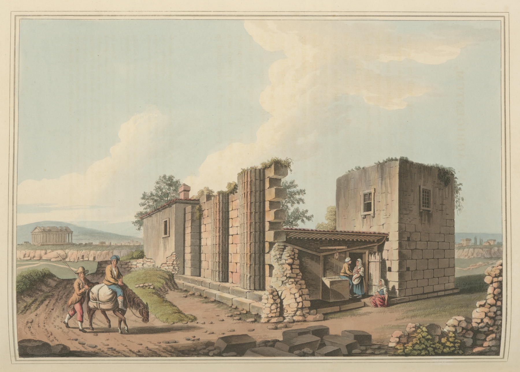 Ancient Temples at Agrigentum by Luigi Mayer, watercolor on paper, featuring weathered columns and a sunset.