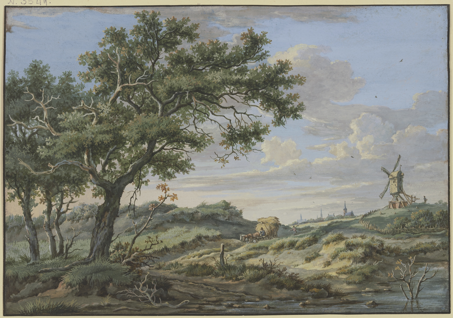 Landscape featuring a windmill and a wagon with straw by Carel Lodewijk Hansen