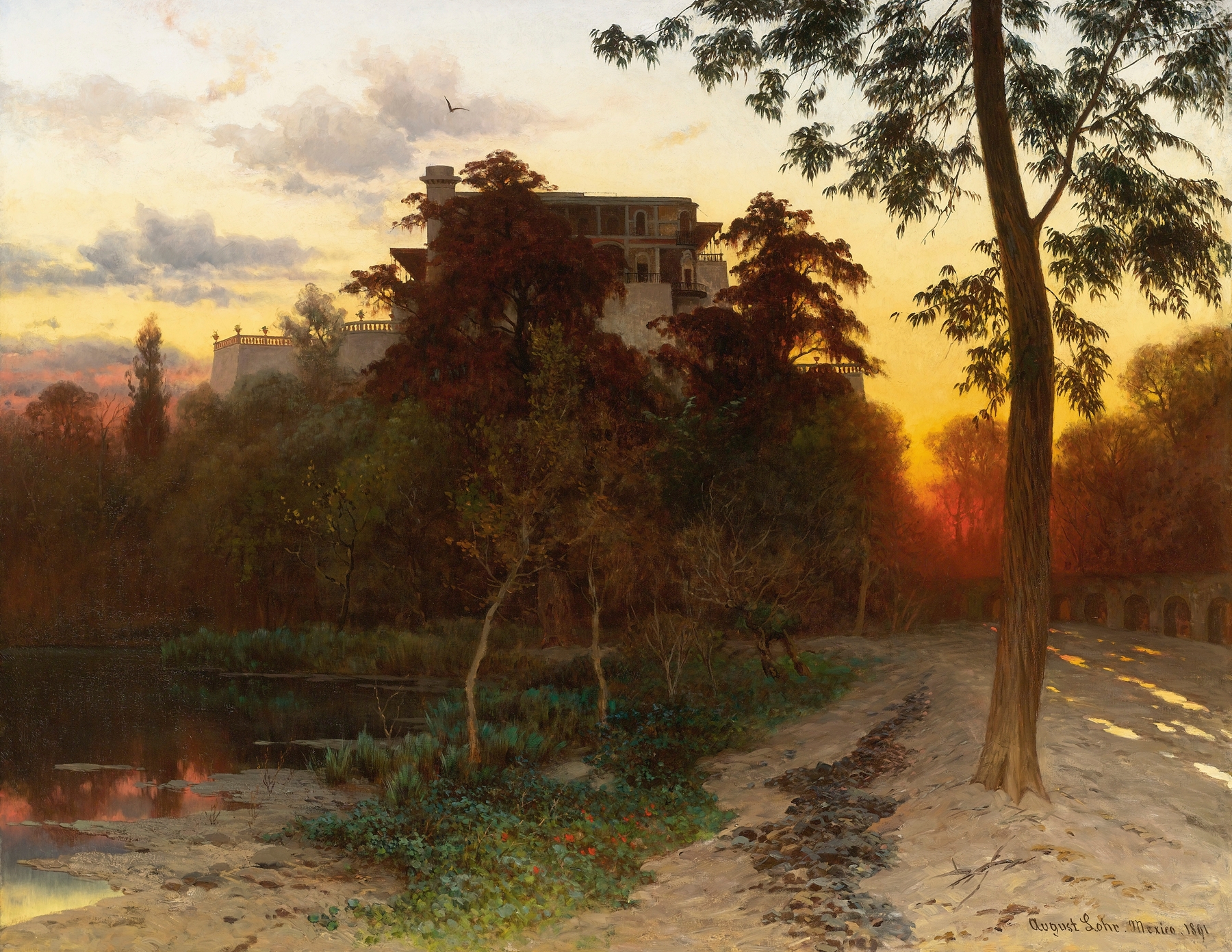 Castillo de Chapultepec by August Löhr, oil on canvas, depicting a castle surrounded by lush foliage and light.