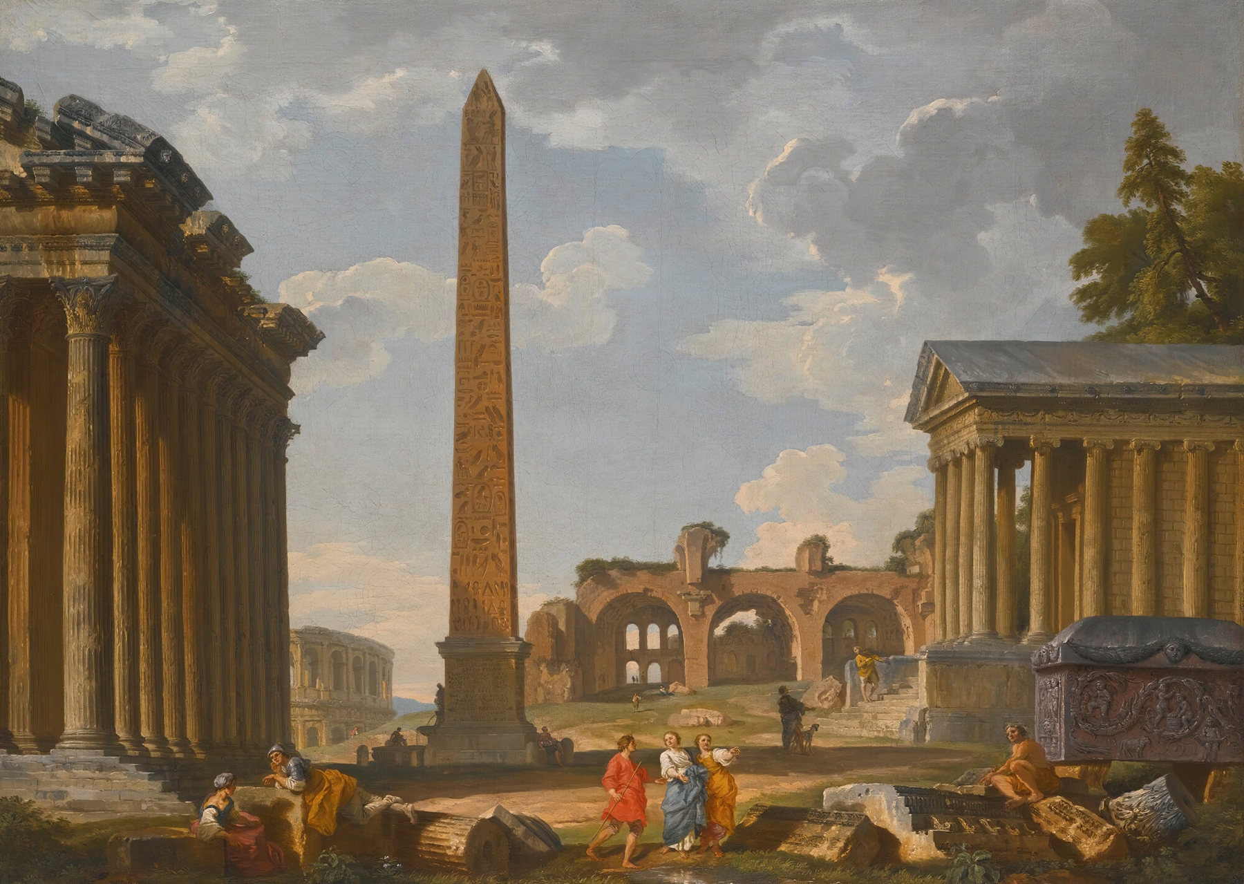 A Capriccio View Of Rome With Ancient Ruins And The Flaminian Obelisk, by Giovanni Paolo Panini, public domain