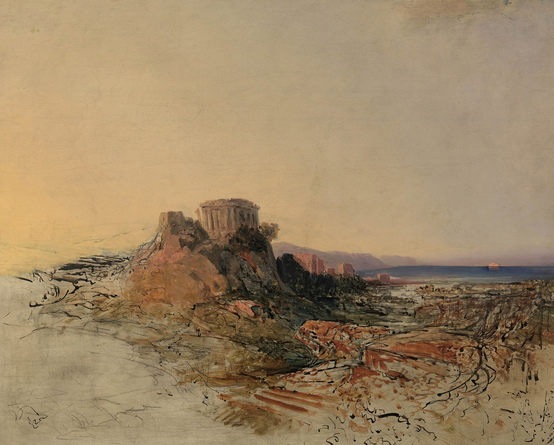 Griechische Tempelruinen by Adalbert Stifter, oil on canvas depicting ancient ruins at sunset