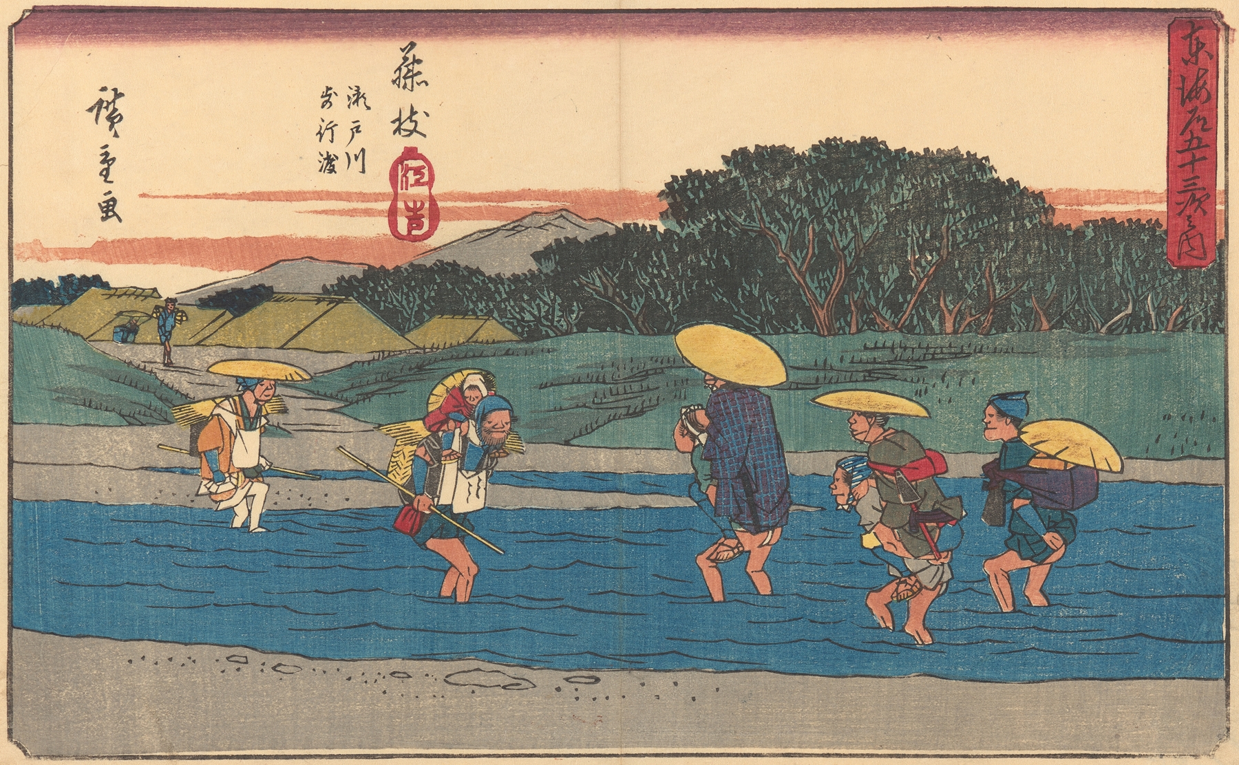 Ukiyo-e by Utagawa Hiroshige depicting a tranquil landscape with sunset over mountains and river.