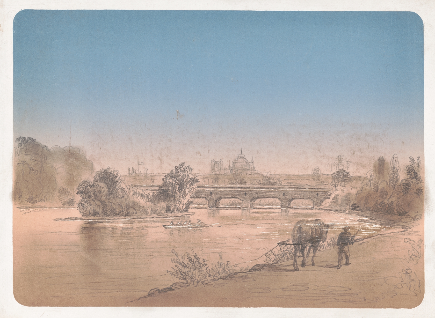 Man walking with mule on a footpath along the shore of the Schuylkill River, by James Fuller Queen, public domain