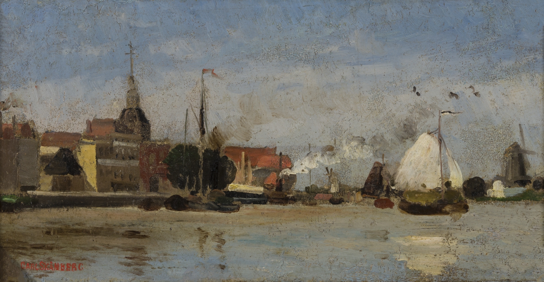 Dutch Seaport by Carl Skånberg, realism, depicting ships and twilight reflections on water