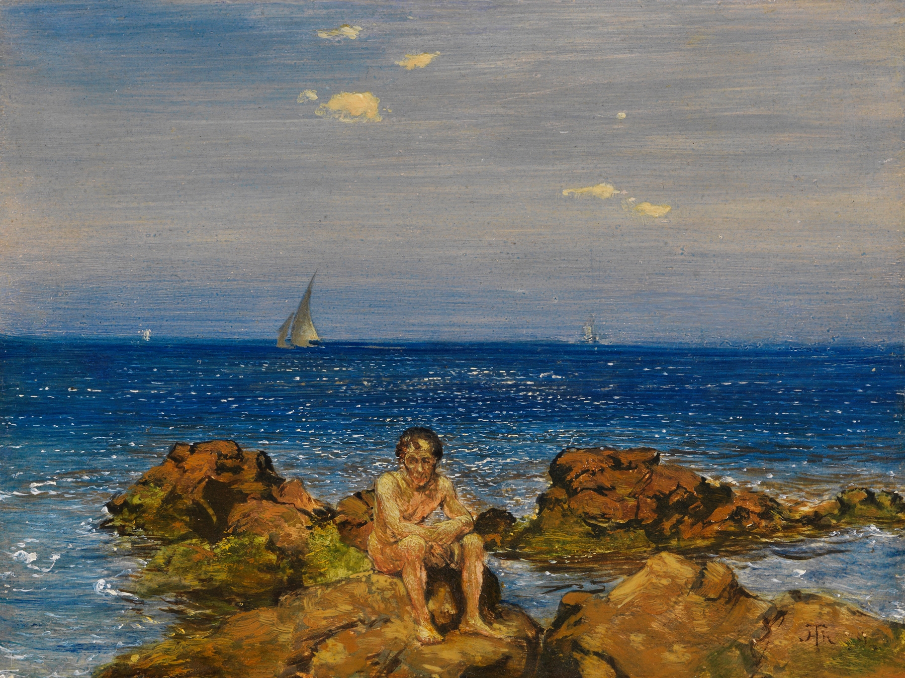 Der Meermann by Hans Thoma, oil painting depicting a tranquil merman in water.