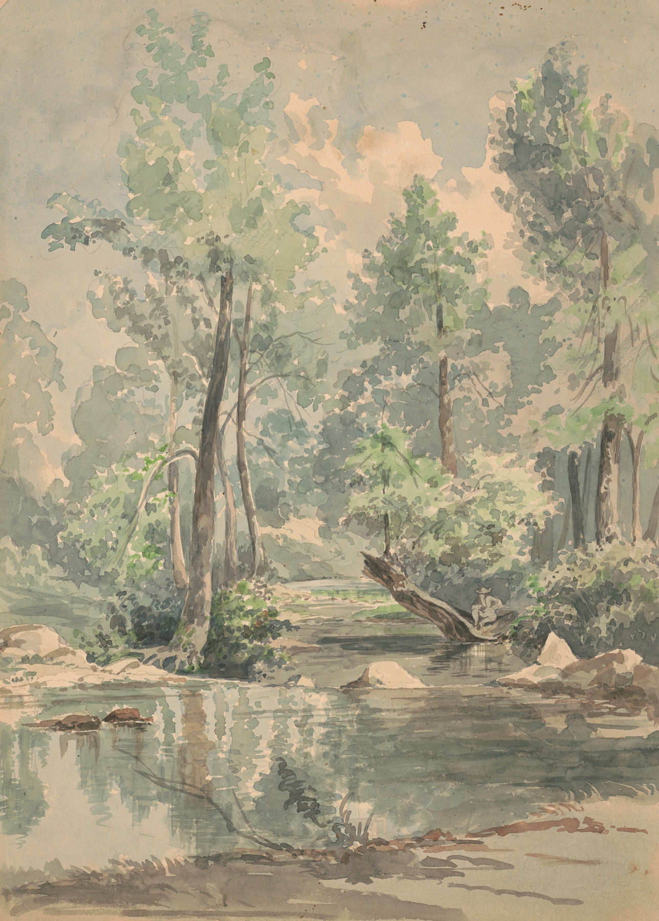 Figurative scene of a man on a fallen tree by James Fuller Queen, oil painting
