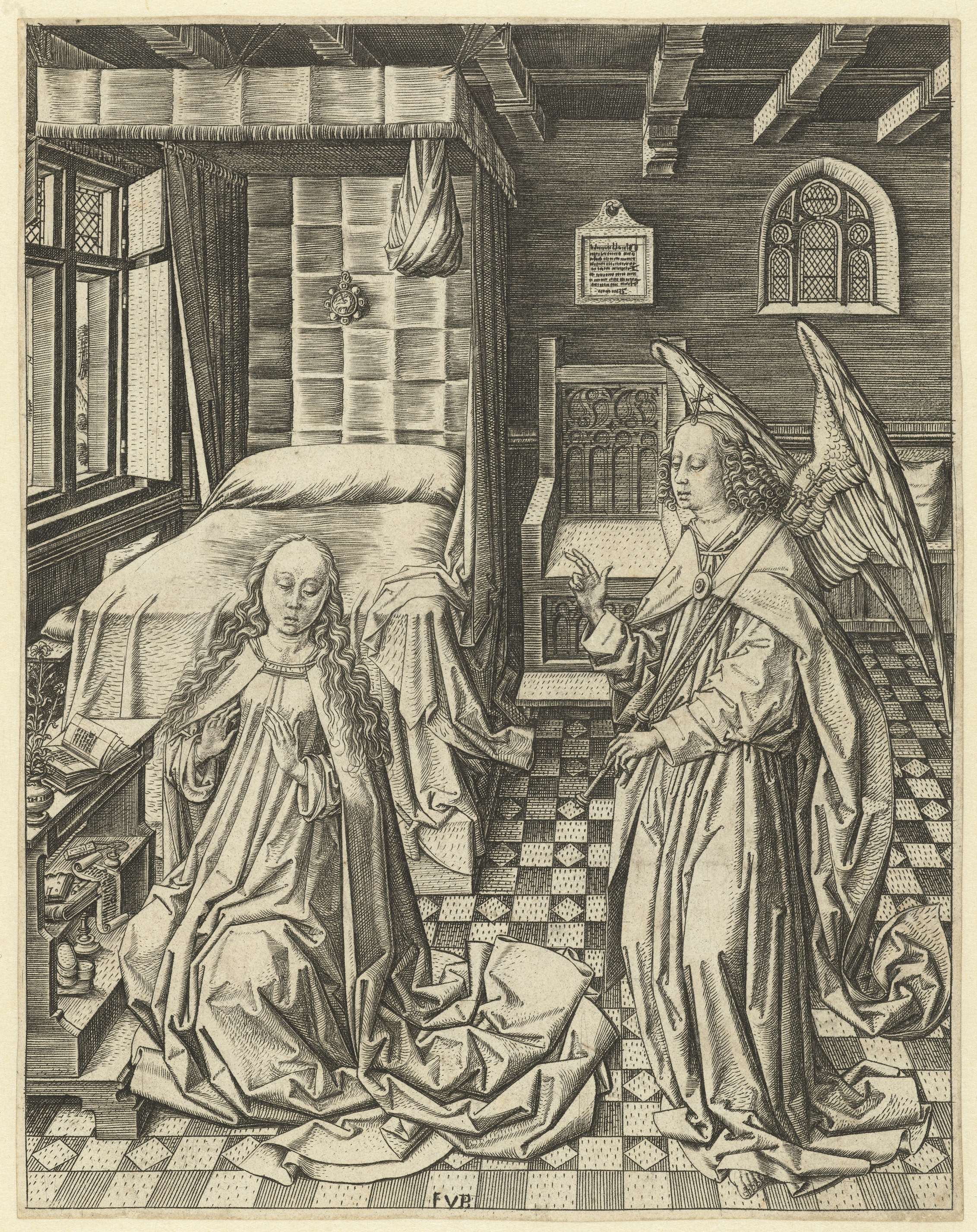 Engraving by Meester FVB depicting the Annunciation to Mary with angel and light