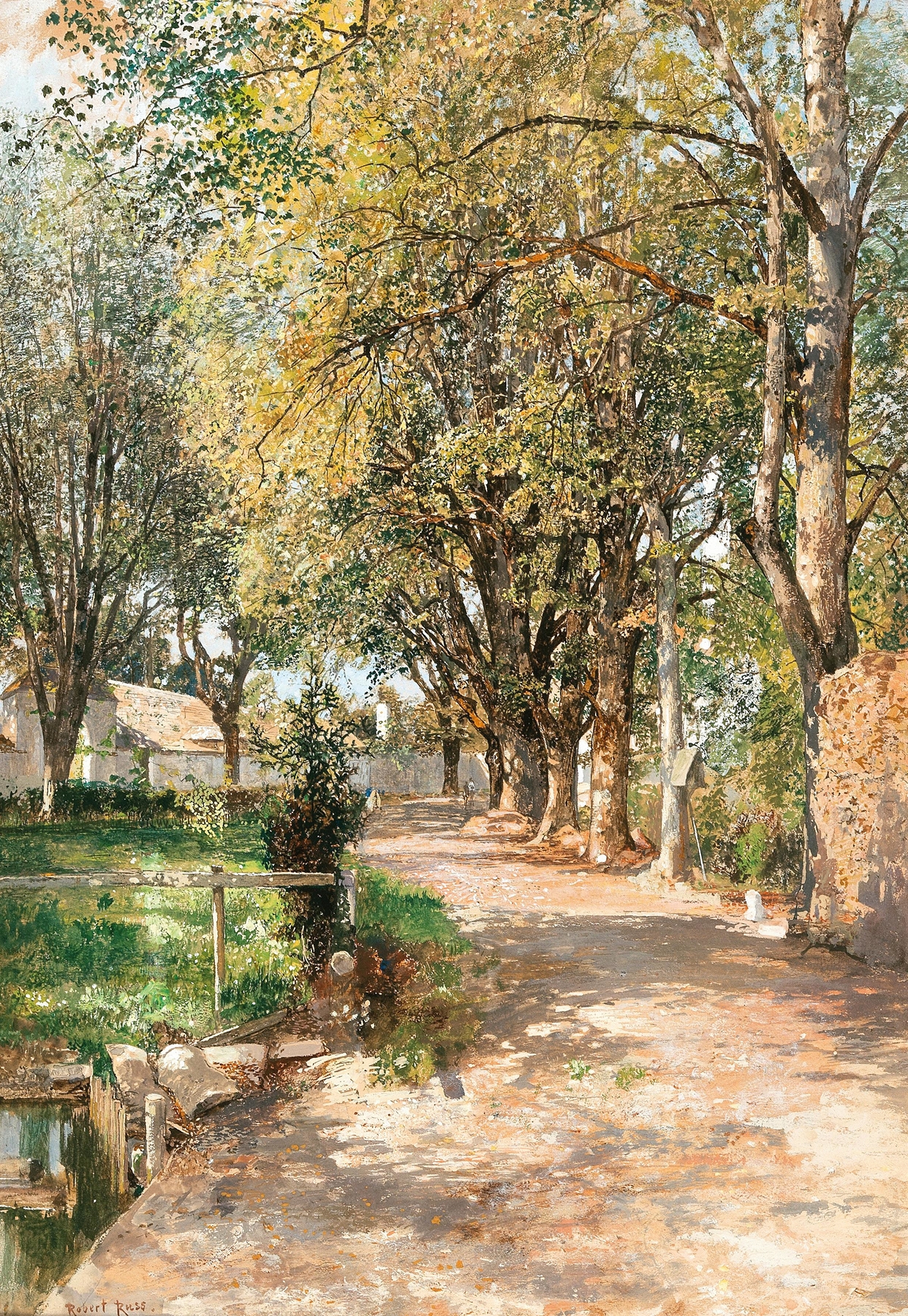 A sun-drenched path in spring, oil on canvas by Robert Russ