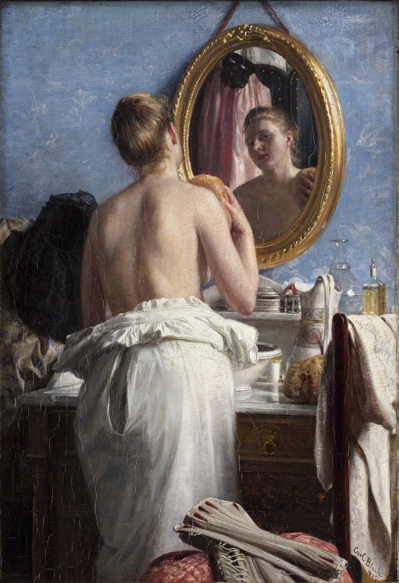 A young girl washing herself before a carnival, depicted in a realistic style.