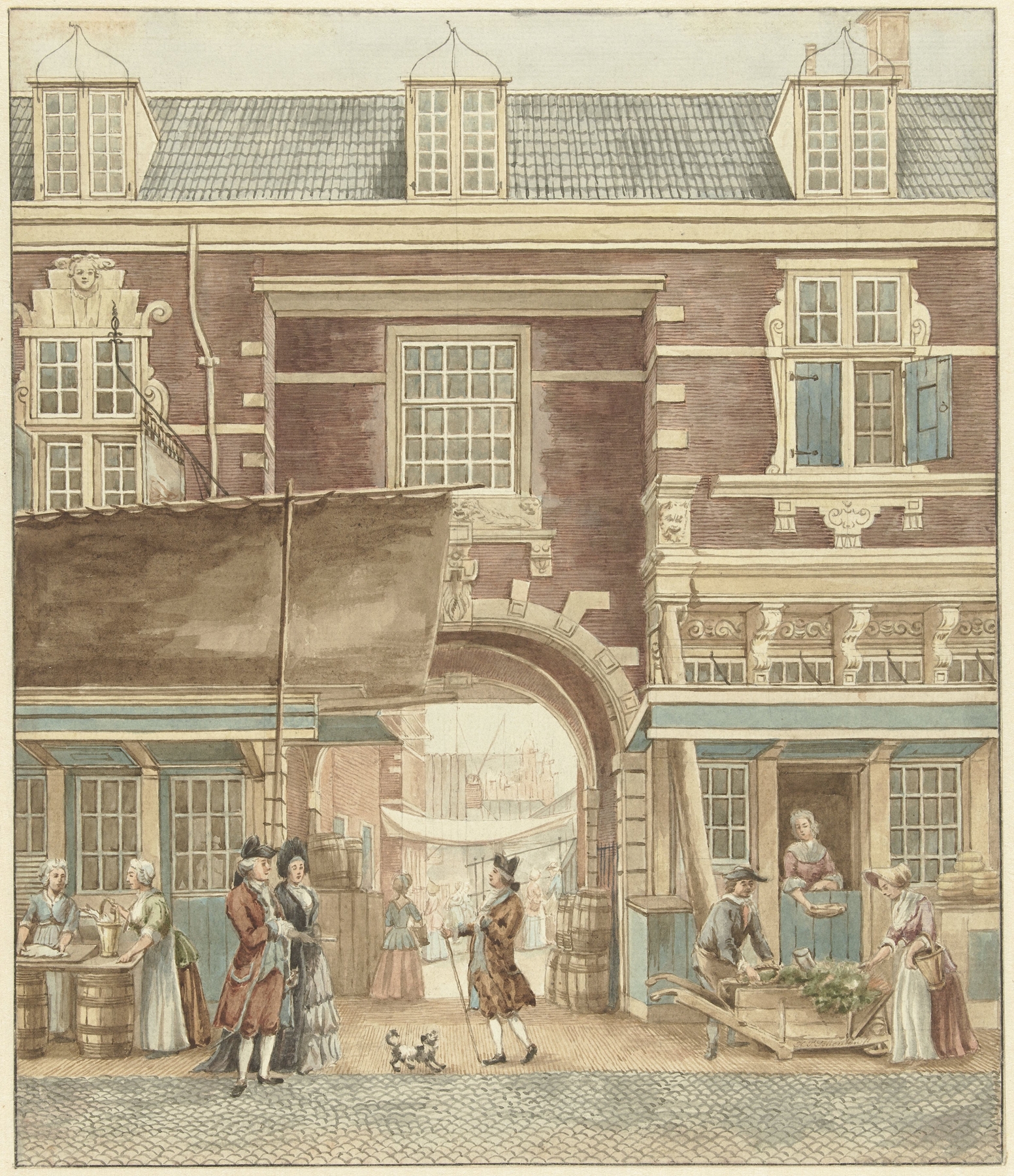 Architecture scene featuring a bridge and market by Hermanus Petrus Schouten, oil painting