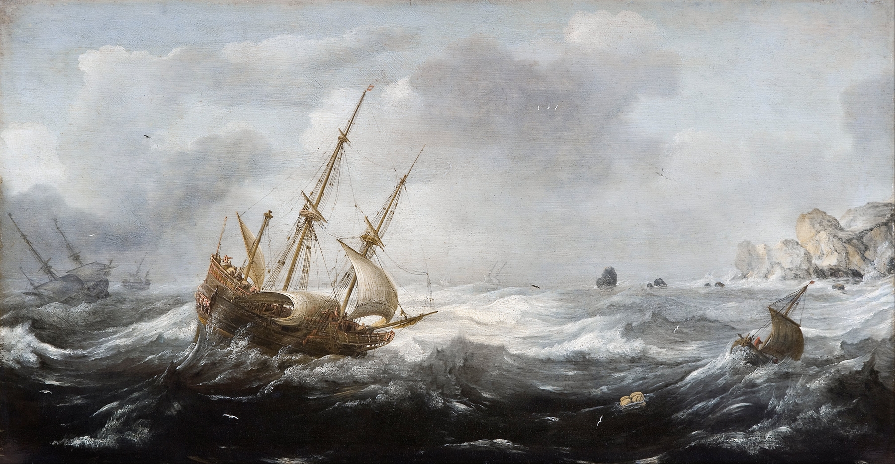 Ships in a Storm on a Rocky Coast, by Jan Porcellis, public domain