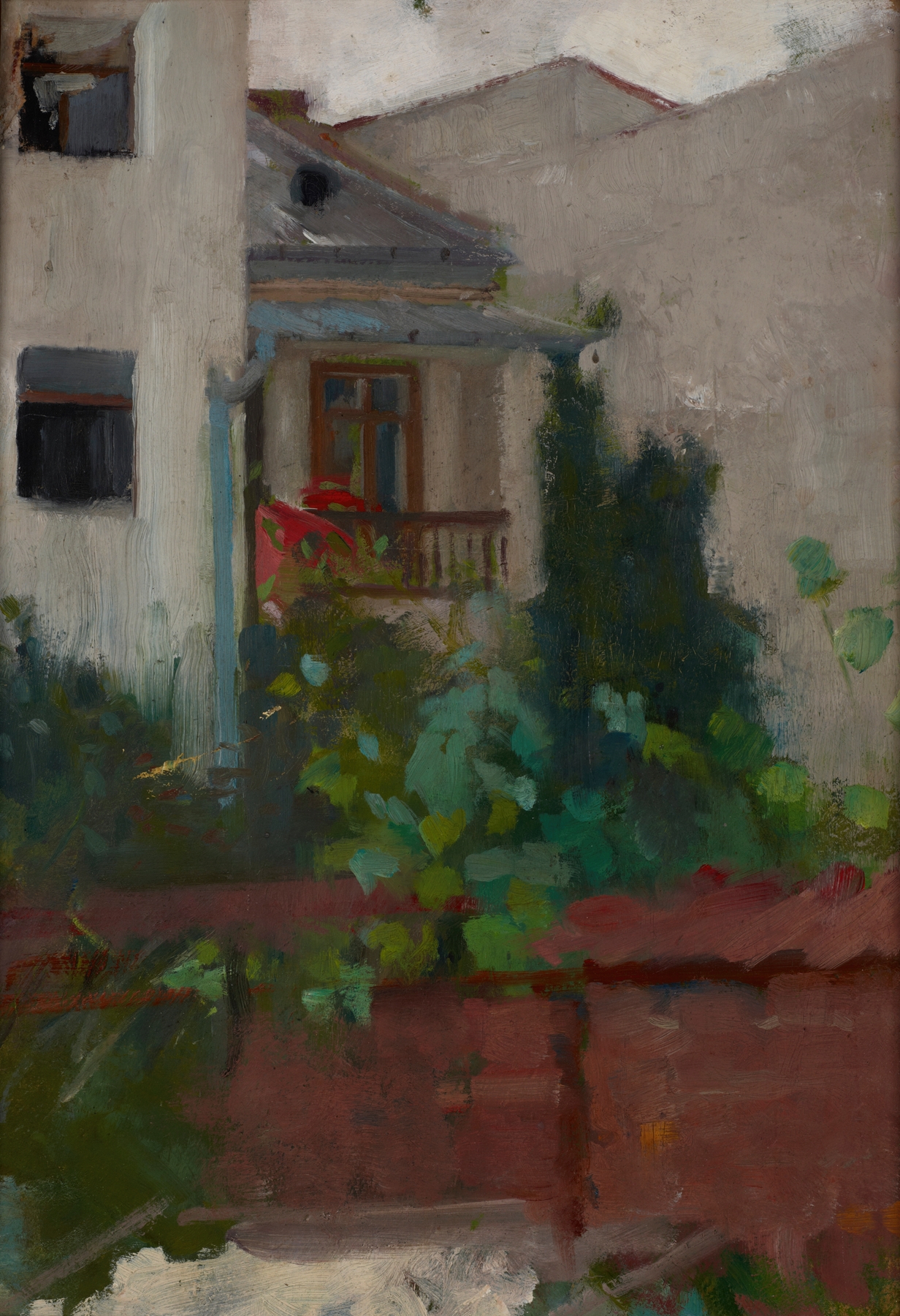 Architectural Landscape by Olga Boznanska, oil on canvas, featuring tranquil skies and ethereal architecture.