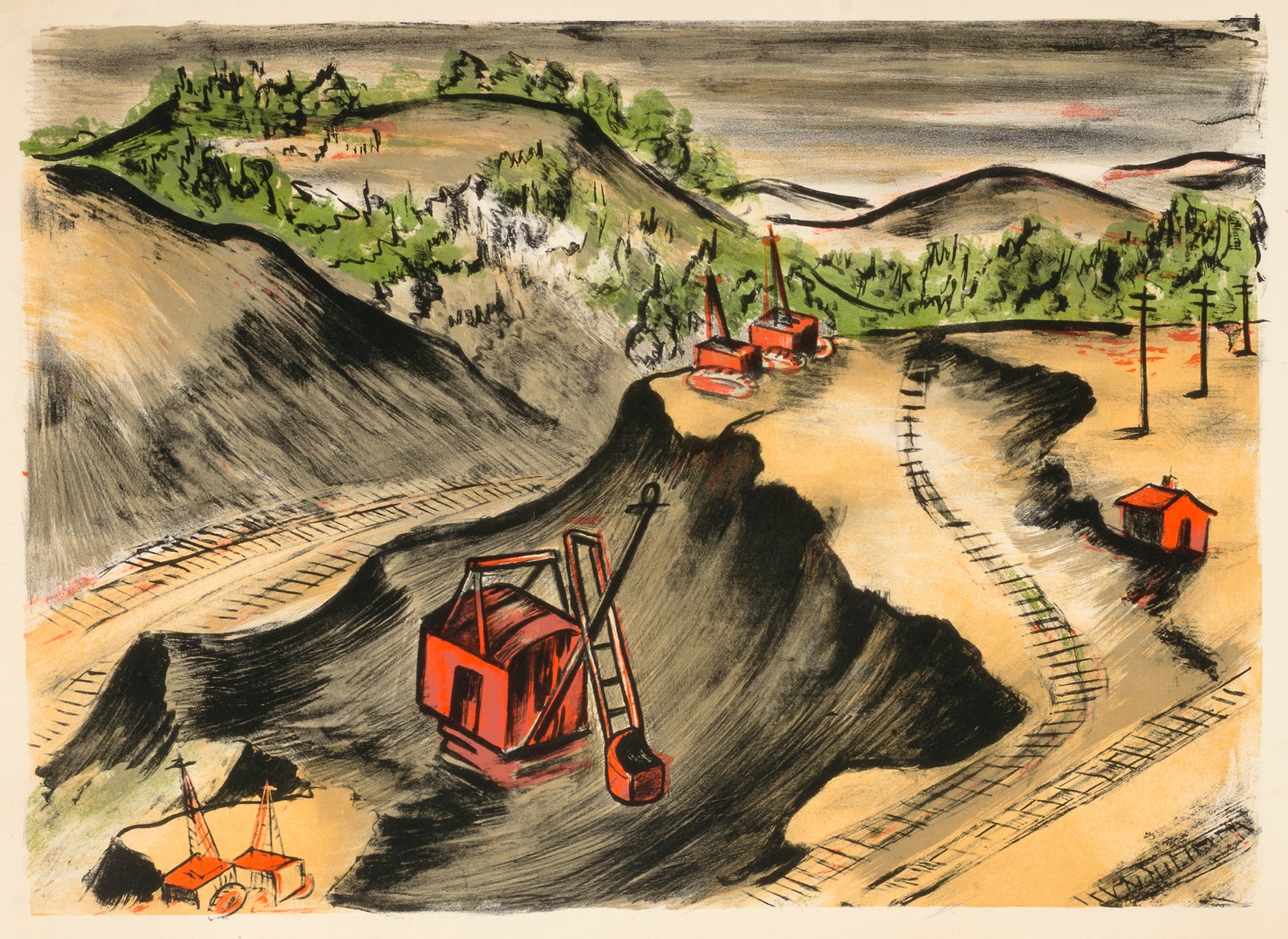 Landscape depicting a mining site with mountains, unknown medium by Unknown Artist.