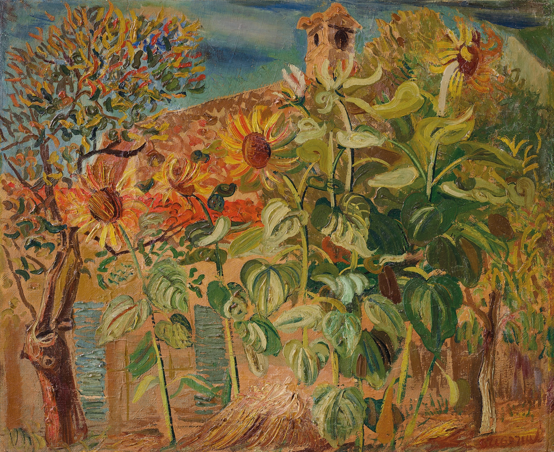 Sunflowers by Boris Grigoriev, oil painting featuring vibrant sunflowers and green leaves.