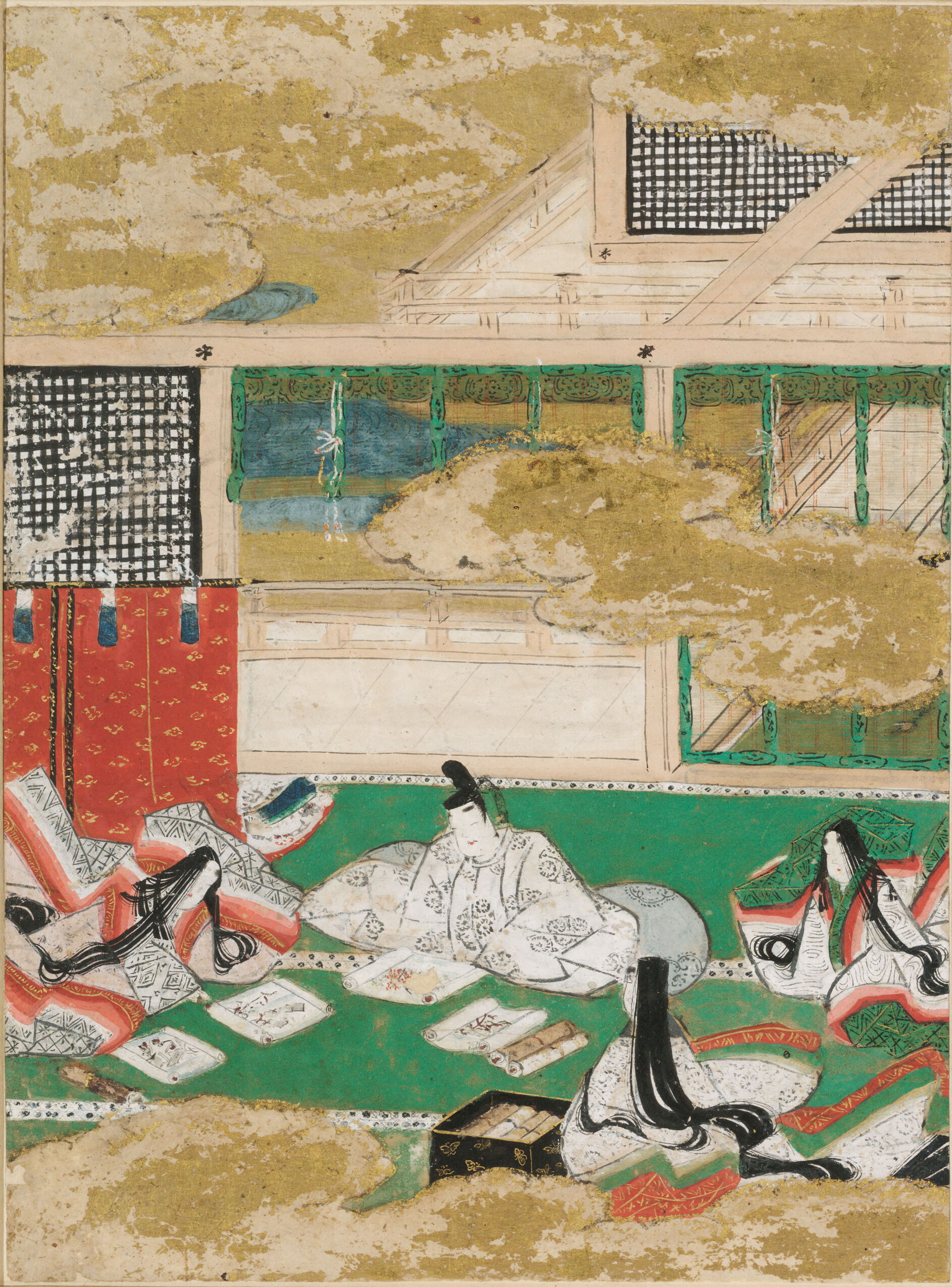 Gold illustration by Tosa Mitsunobu depicting figures in silk robes.