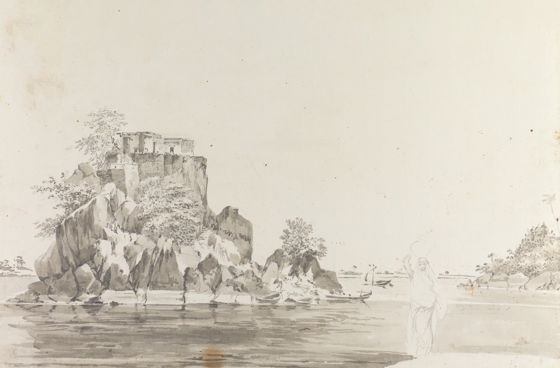 Landscape drawing by William Hodges, featuring light and shadow interplay.