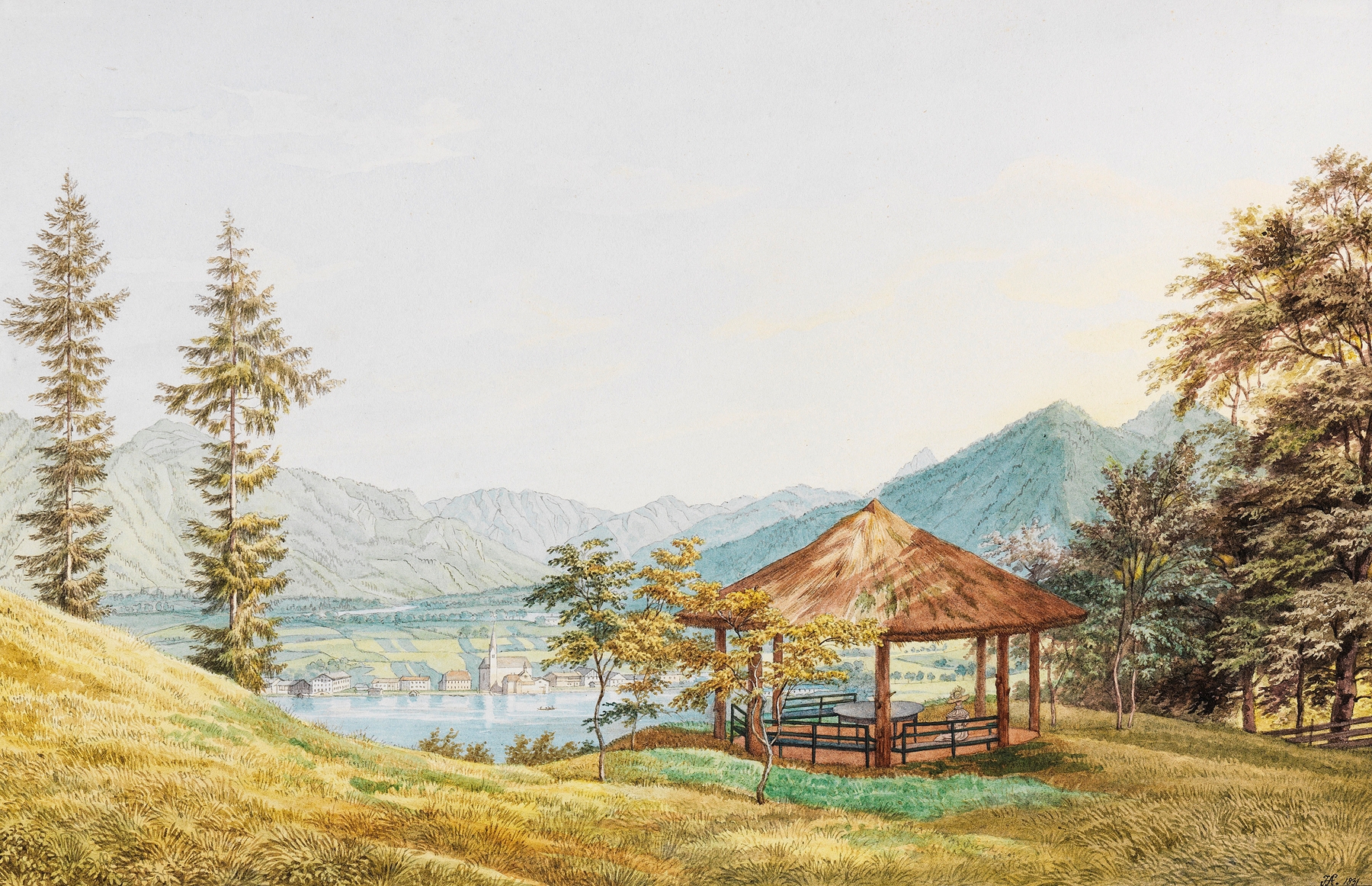 Oil on canvas by Heinrich Adam depicting a figure under an umbrella in a landscape.
