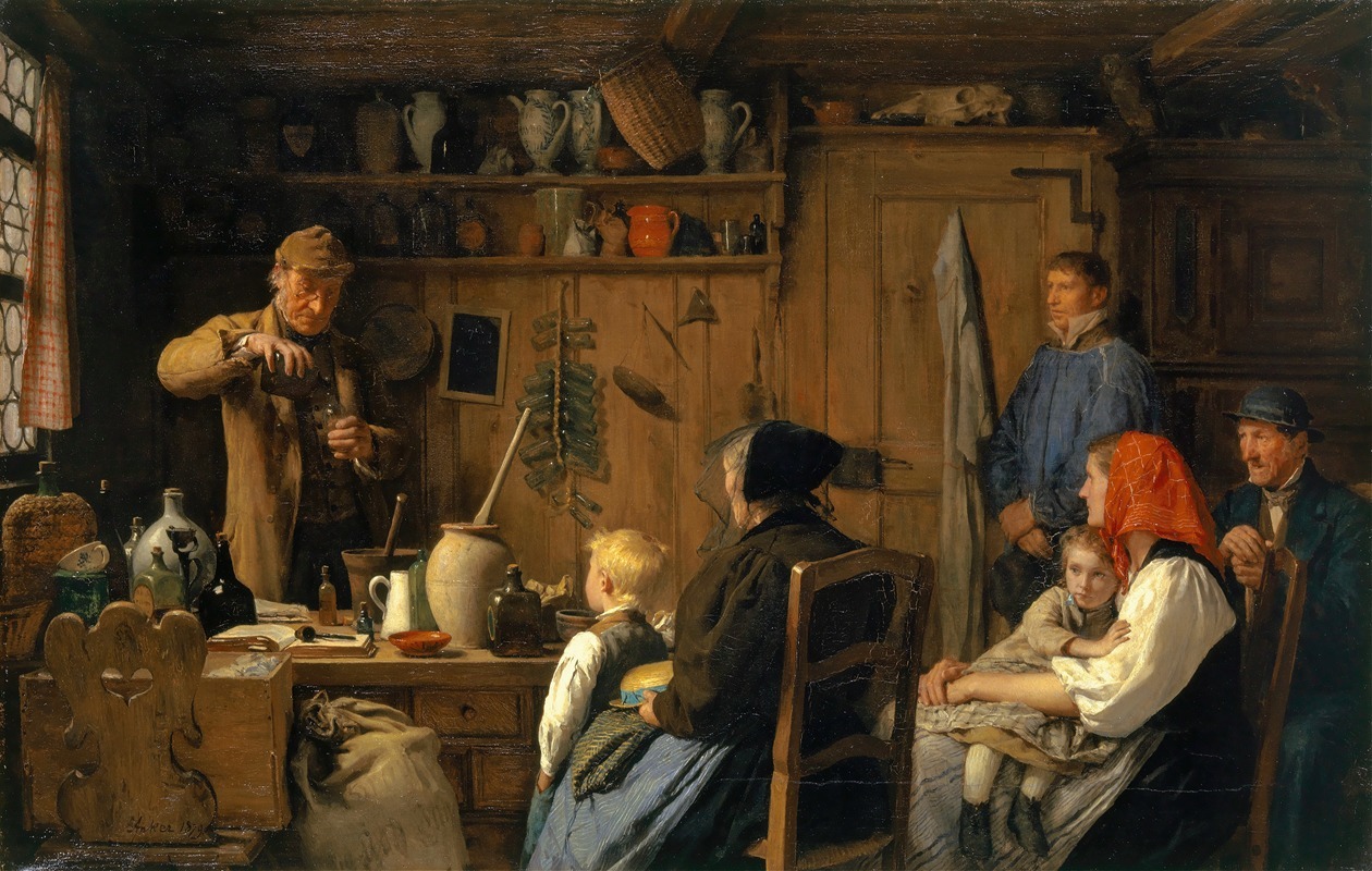 A depiction of a quack doctor in a lively setting.