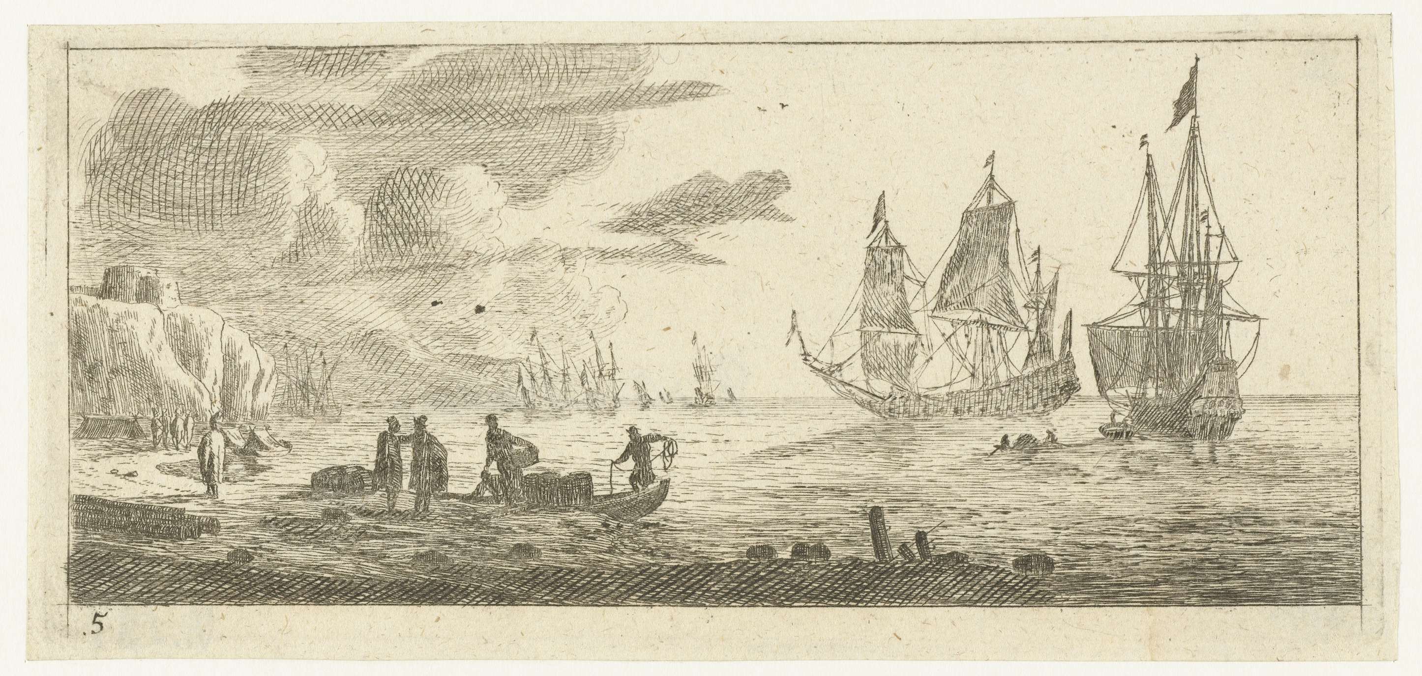 Zeehaven met twee grote zeilschepen, by Reinier Nooms, public domain