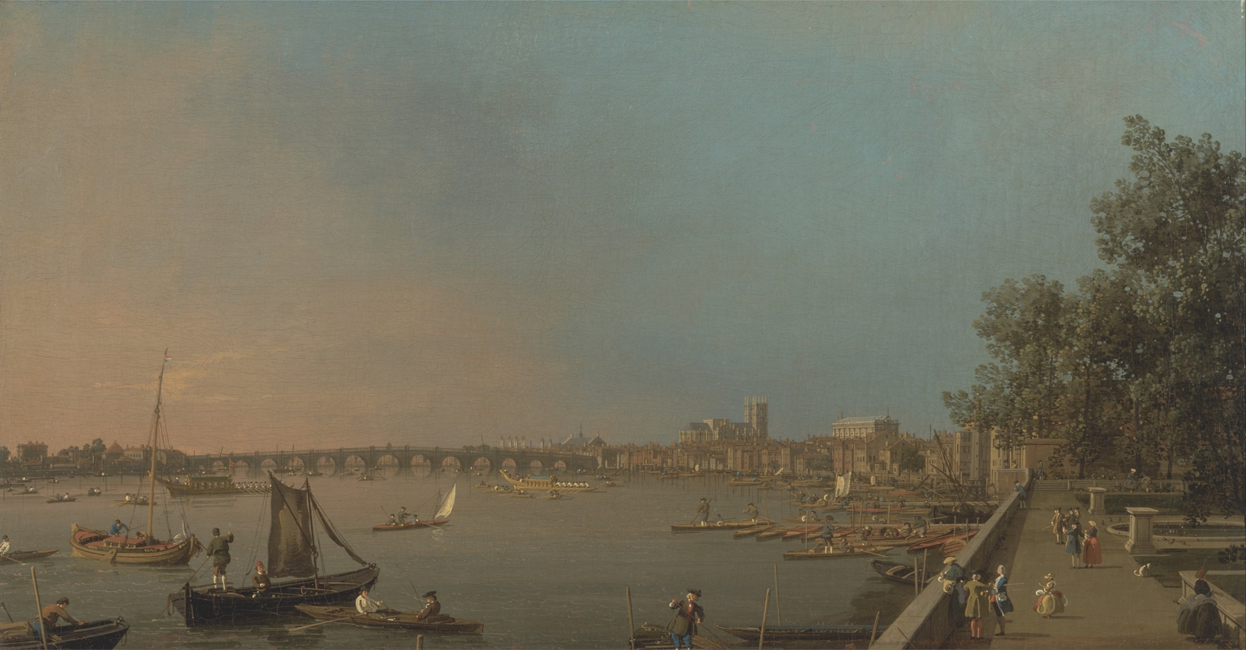 The Thames from the Terrace of Somerset House, Looking toward Westminster, by Canaletto, public domain