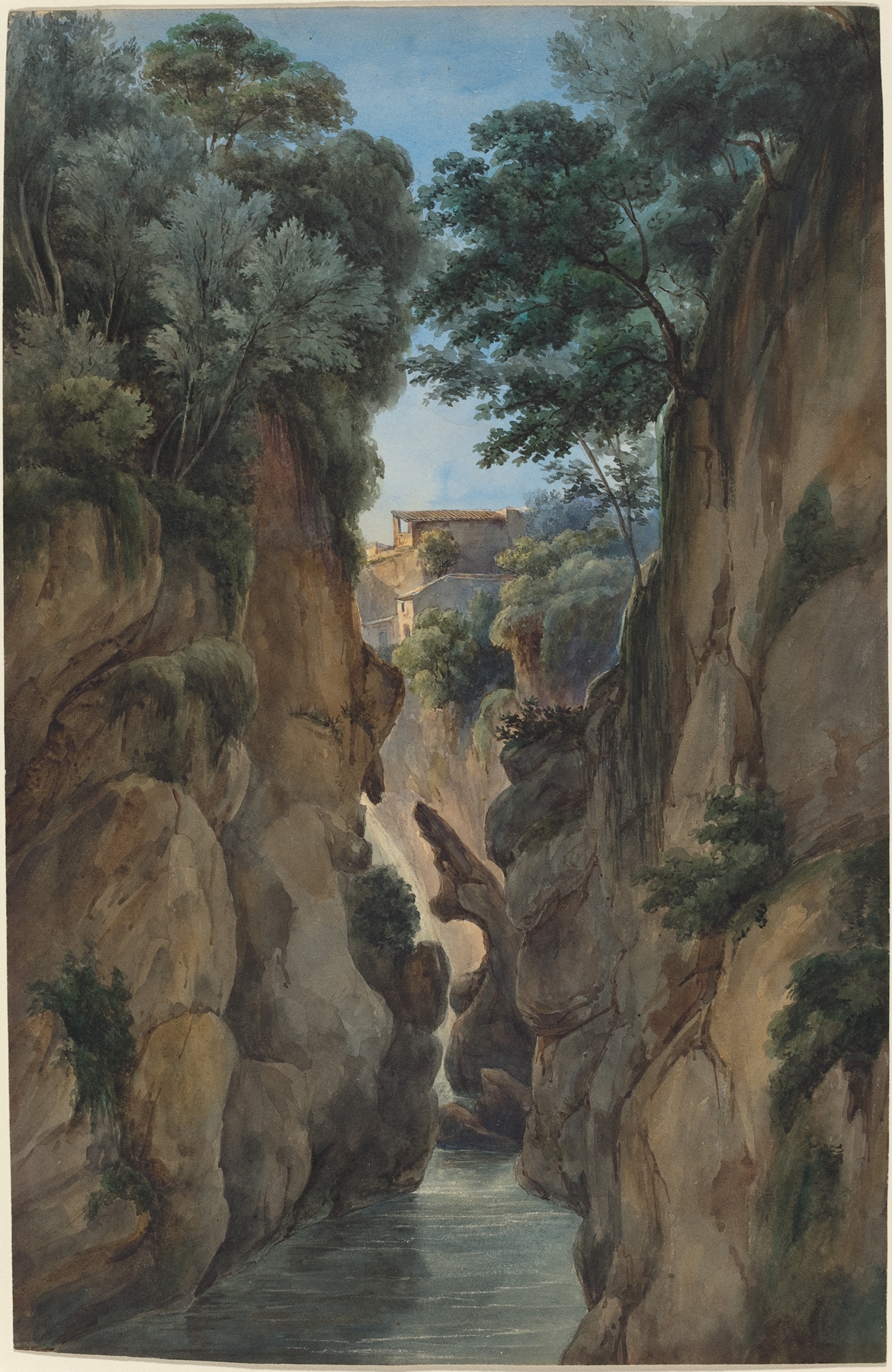 View of a Waterfall through a Ravine, by Achille Etna Michallon, public domain