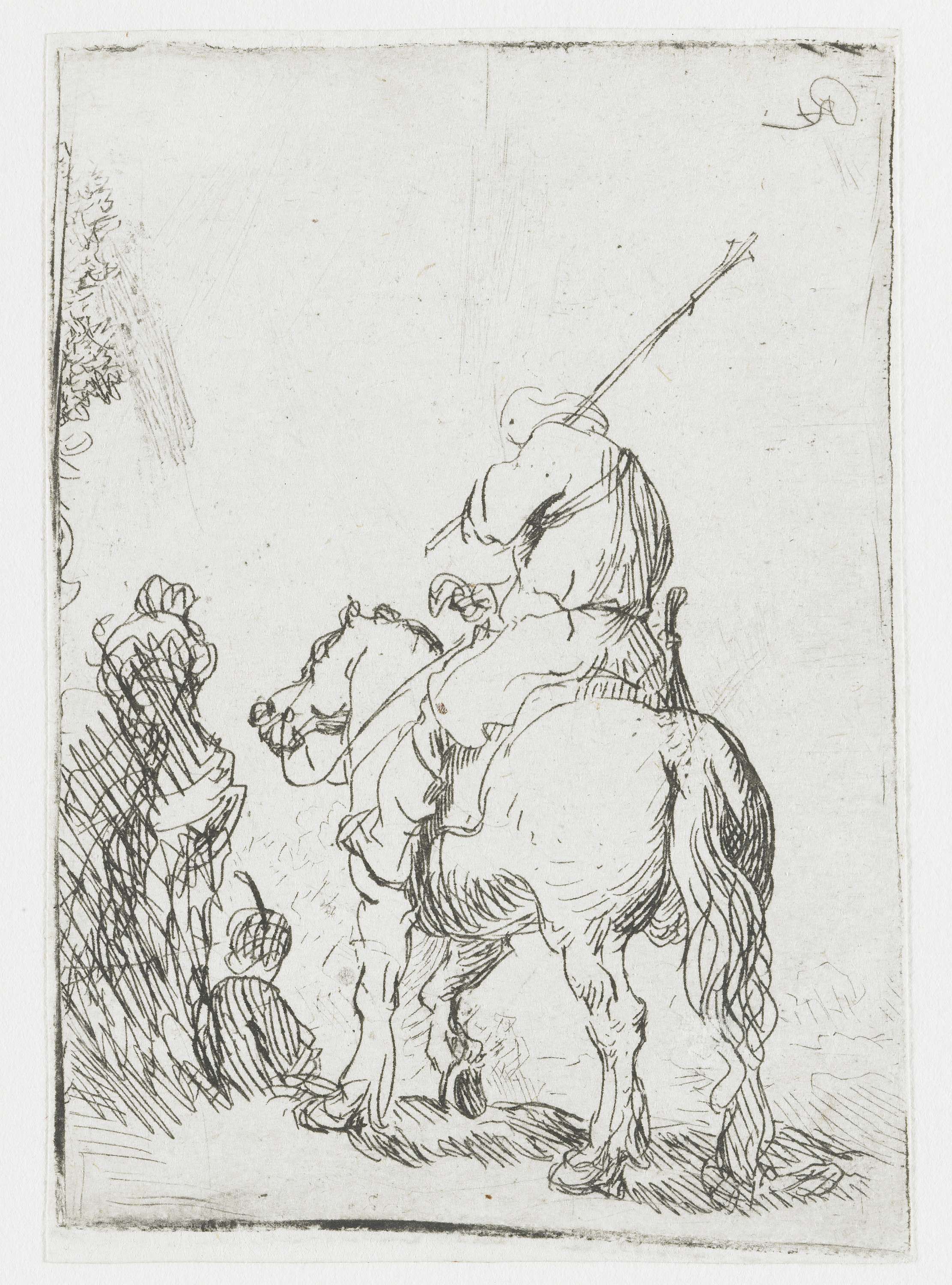 Turbaned Soldier on Horseback, etching by Rembrandt van Rijn depicting a soldier on a horse in a chaotic cavalry scene.