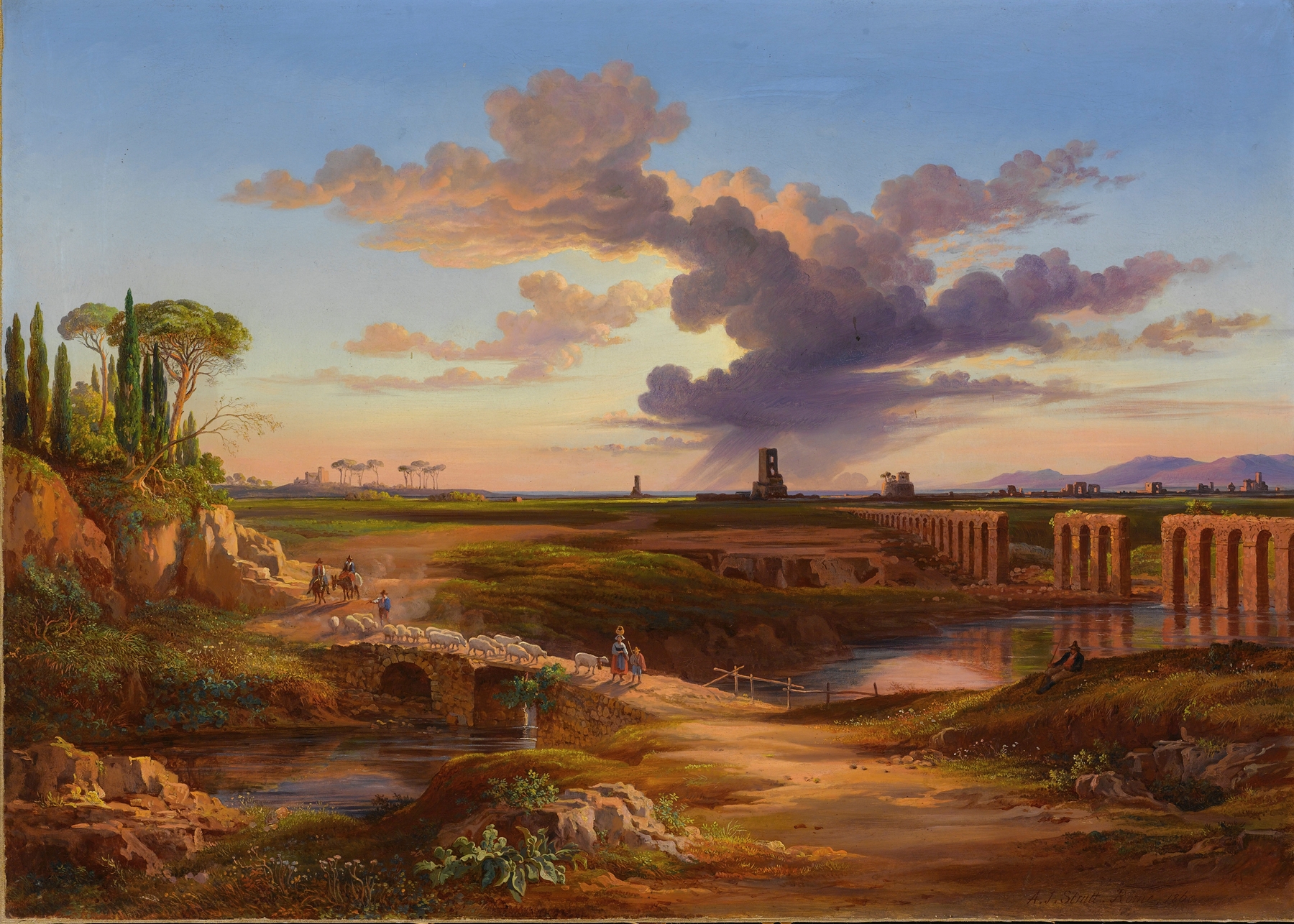 Landscape with ancient ruins and sunlight, oil on canvas by Arthur John Strutt