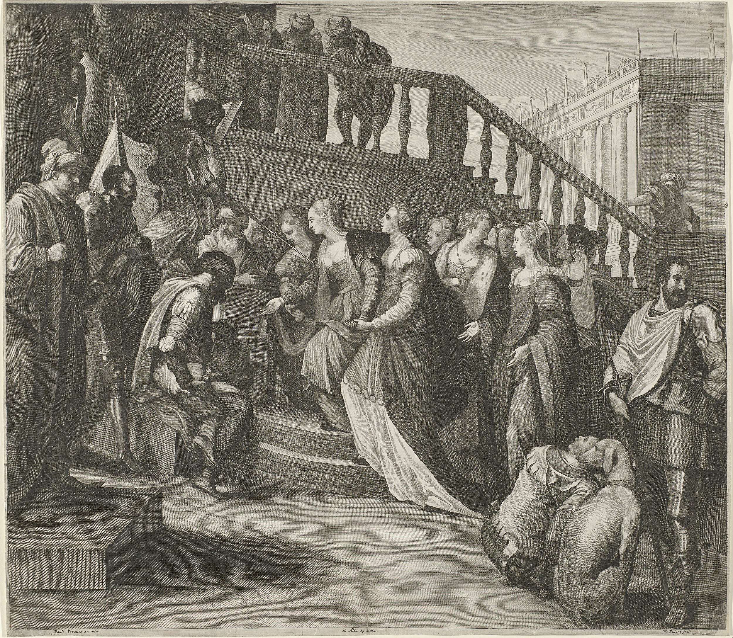 Esther voor Ahasveros etching by Wenceslaus Hollar depicting Esther in a gown with light and shadow