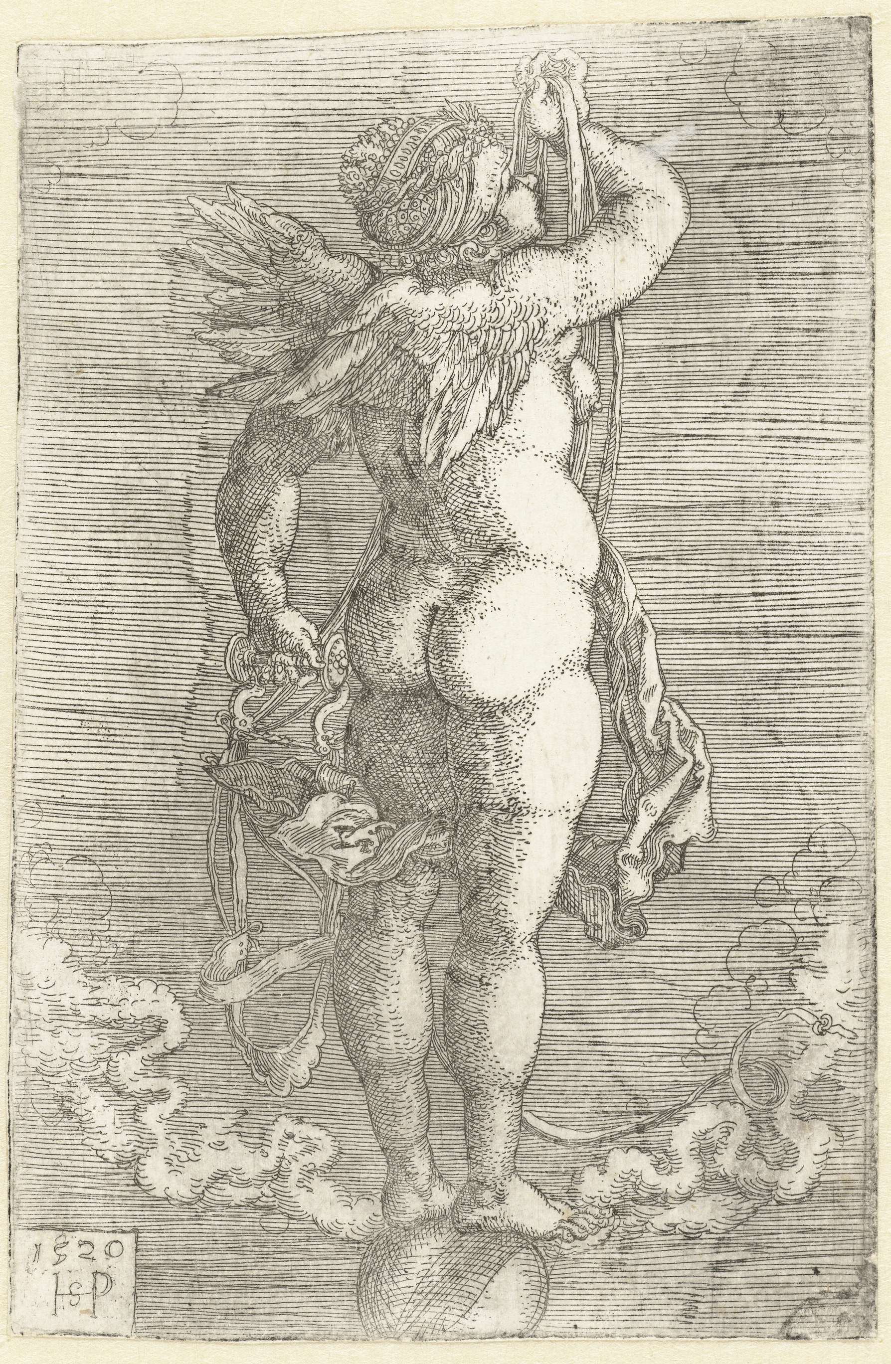 Etching of Nemesis by Hans Sebald Beham, a goddess in flowing garments illuminated by soft light.