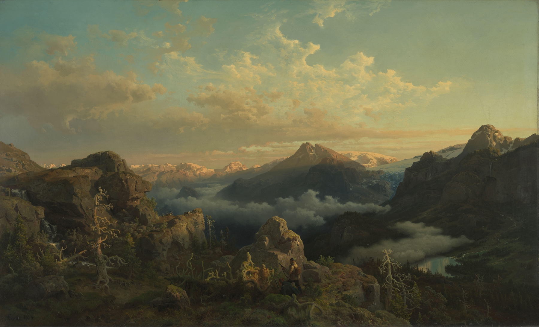 Norwegian Highlands in Sunrise, by Hans Gude, public domain