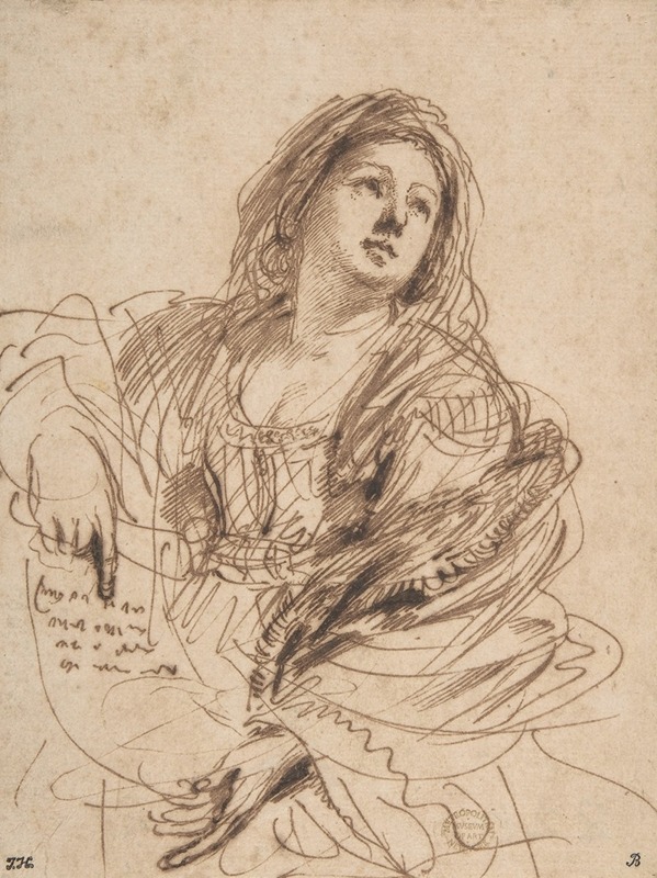 A study of a Sibyl holding a scroll by Guercino.