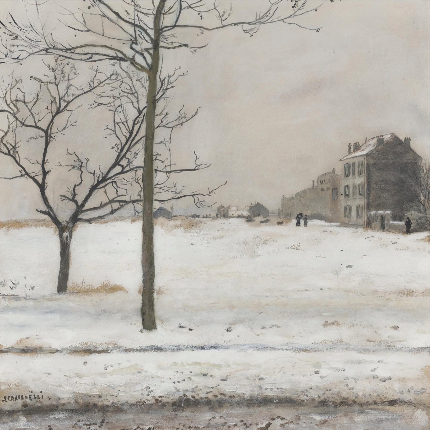 Montmartre Under Snow, oil on canvas by Jean François Raffaëlli, depicting a snowy village scene.