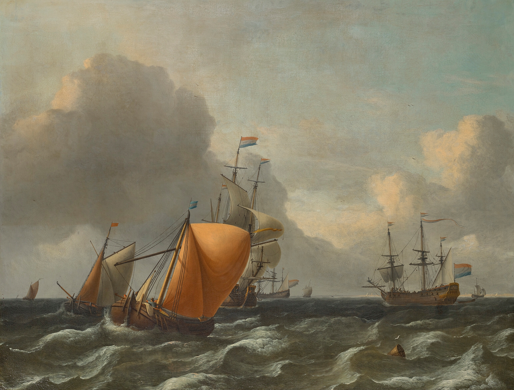 Dutch Men o’war on choppy waters, by Aernout Smit, public domain
