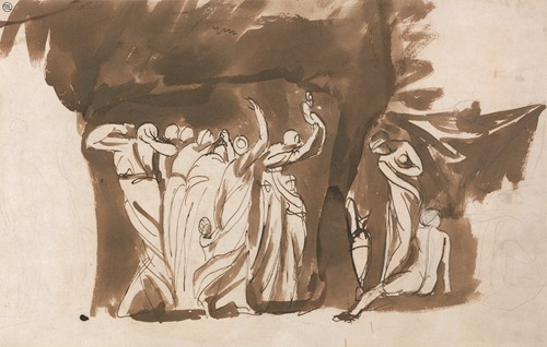 A painting depicting a group of women and children in a mythological setting.