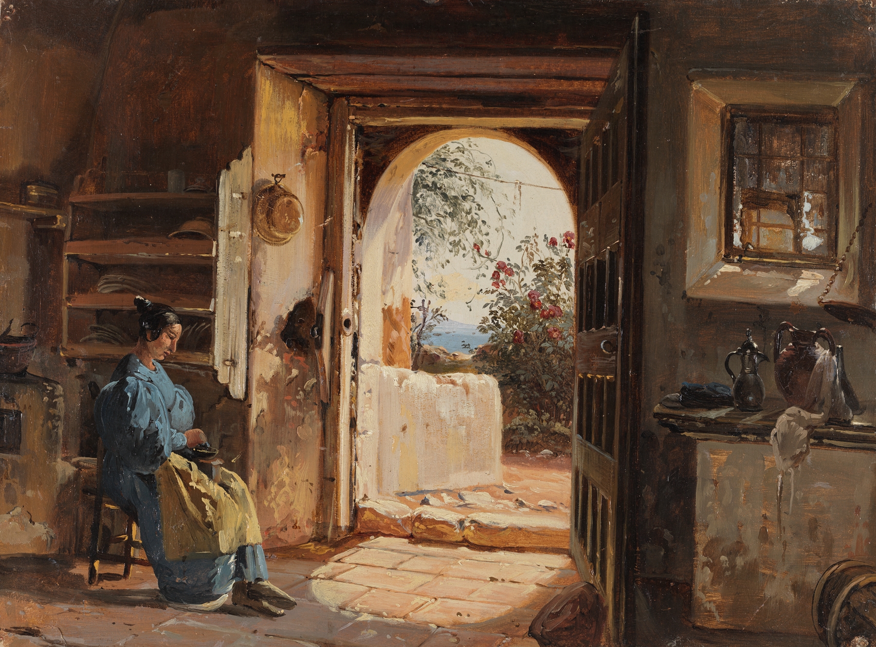Interior scene with a woman grinding coffee, oil on canvas by Johann Baptist Kirner