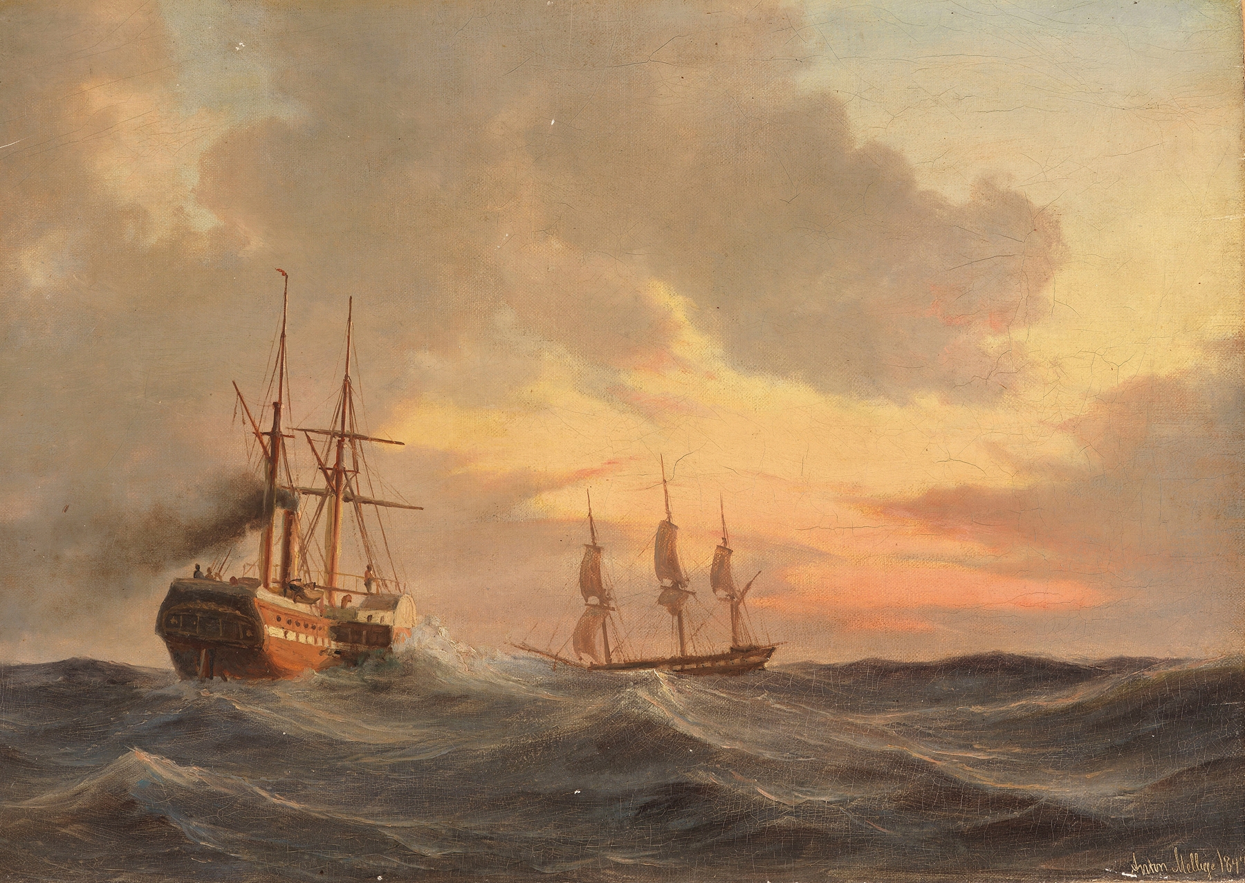 Dampfsegler und Dreimaster auf bewegter See, by Anton Melbye, public domain