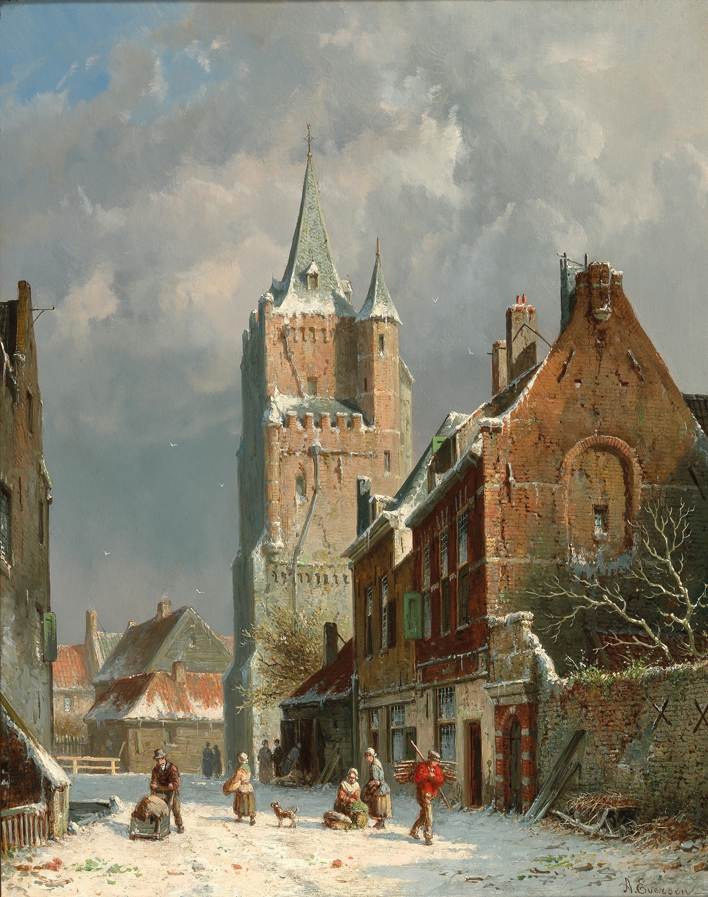 In the Voldersgracht in Delft by Adrianus Eversen, oil on canvas depicting a canal with reflections.